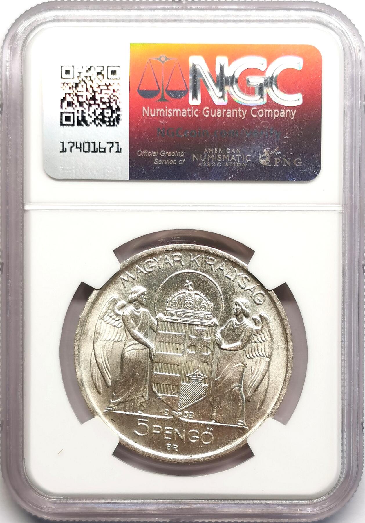 凡希社世界钱币微拍第二百七十八期 1939BP匈牙利霍尔蒂双天使执皇冠5Pengo大银NGC-MS63