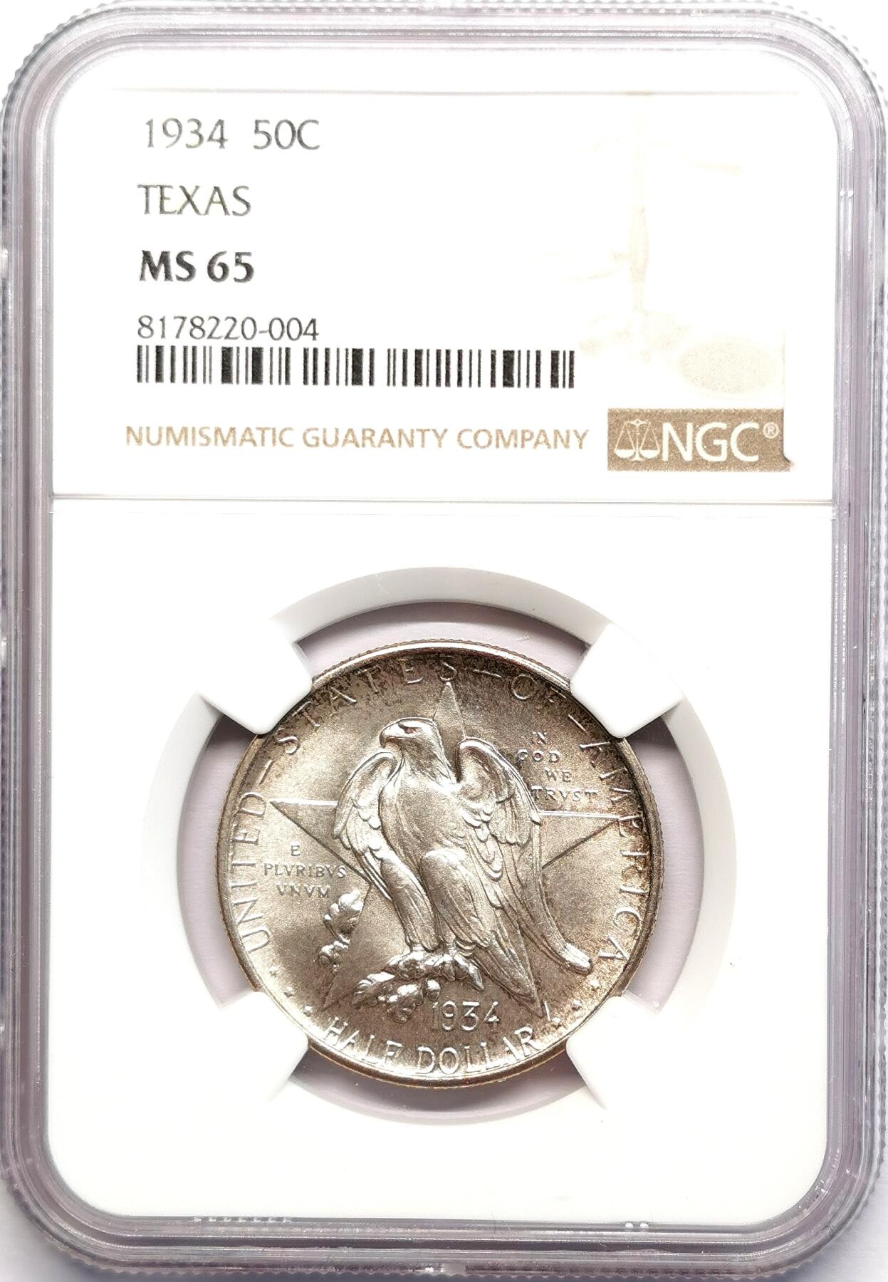 凡希社世界钱币微拍第二百七十八期 1934美国德克萨斯州百年纪念50美分NGC-MS65，黄油光丝滑底板！