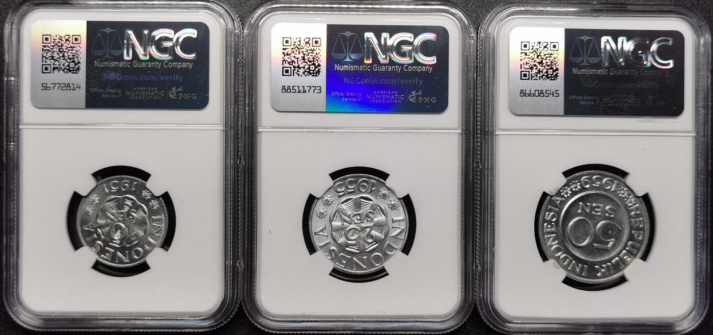 凡希社世界钱币微拍第二百七十八期 1950S印度尼西亚流通版三枚NGC-MS64/66/65