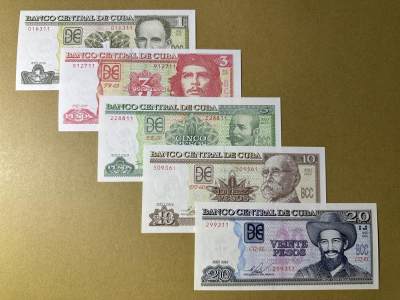 《张总收藏》160期-外币精品百拍周日场 - 古巴1、3、5、10、20比索5张 UNC 全程无4