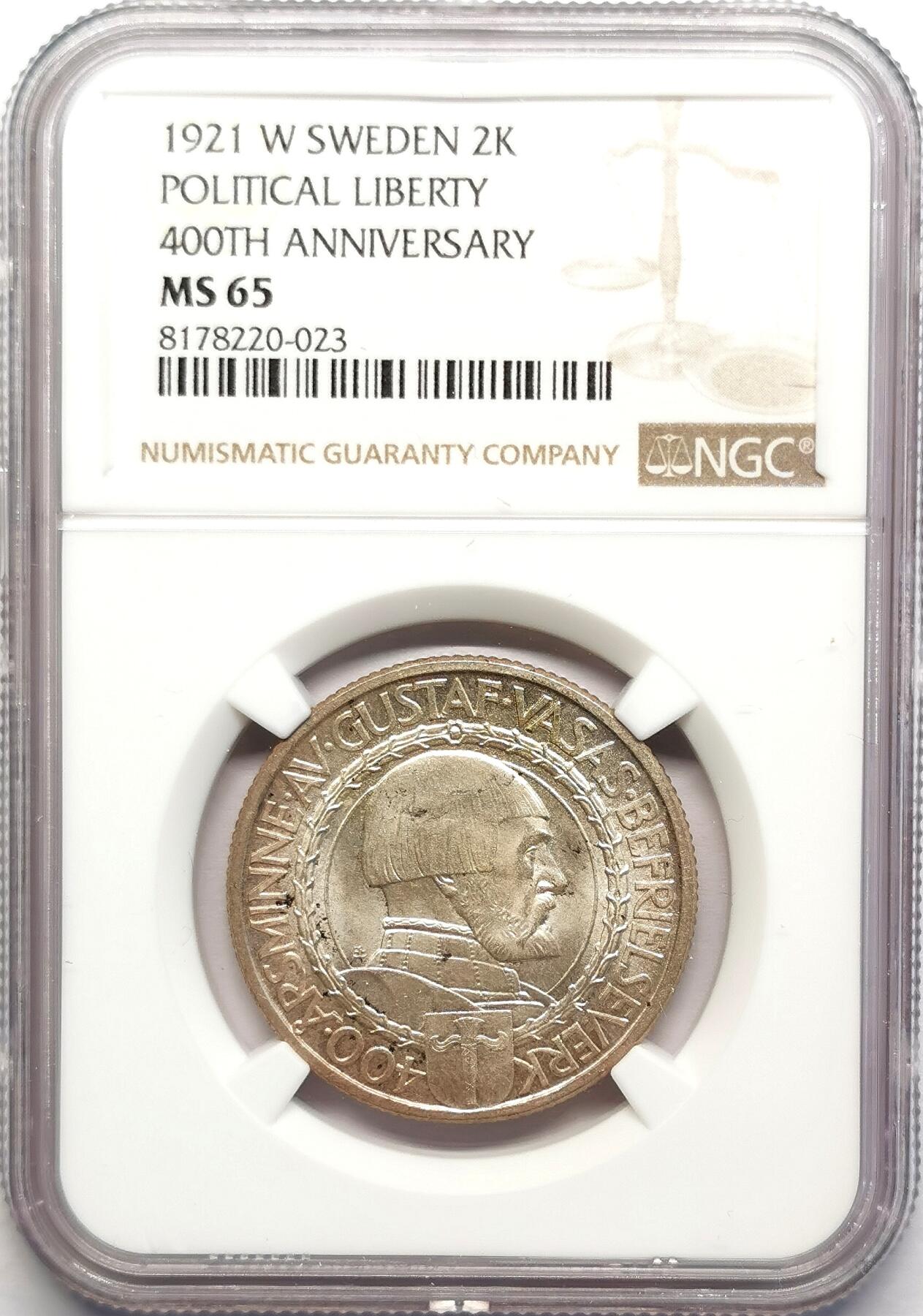 凡希社世界钱币微拍第二百七十八期 1921瑞典宗教自由400周年纪念2克朗NGC-MS65