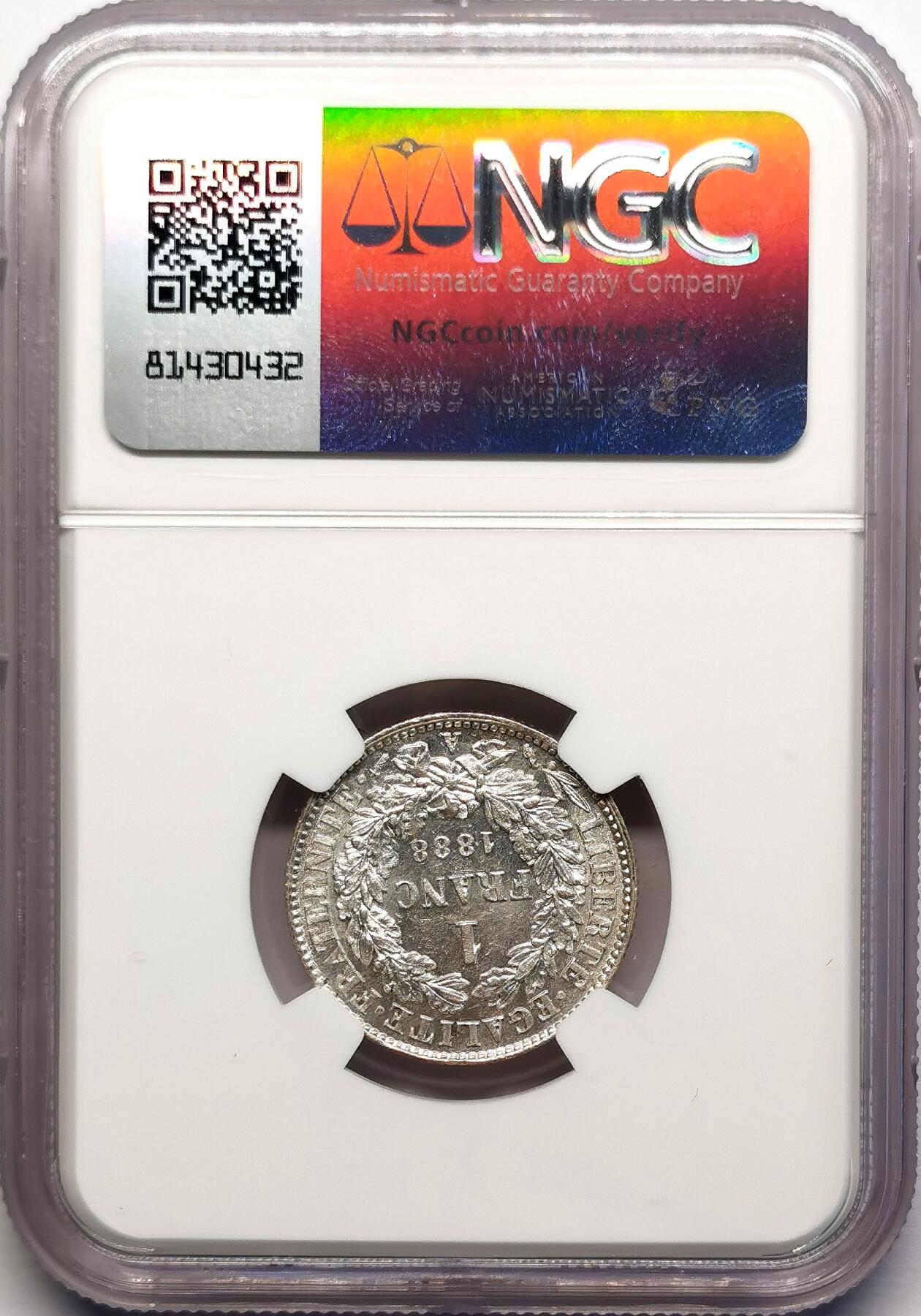 凡希社世界钱币微拍第二百七十八期 1888A法国丰收女神银法郎NGC-MS63