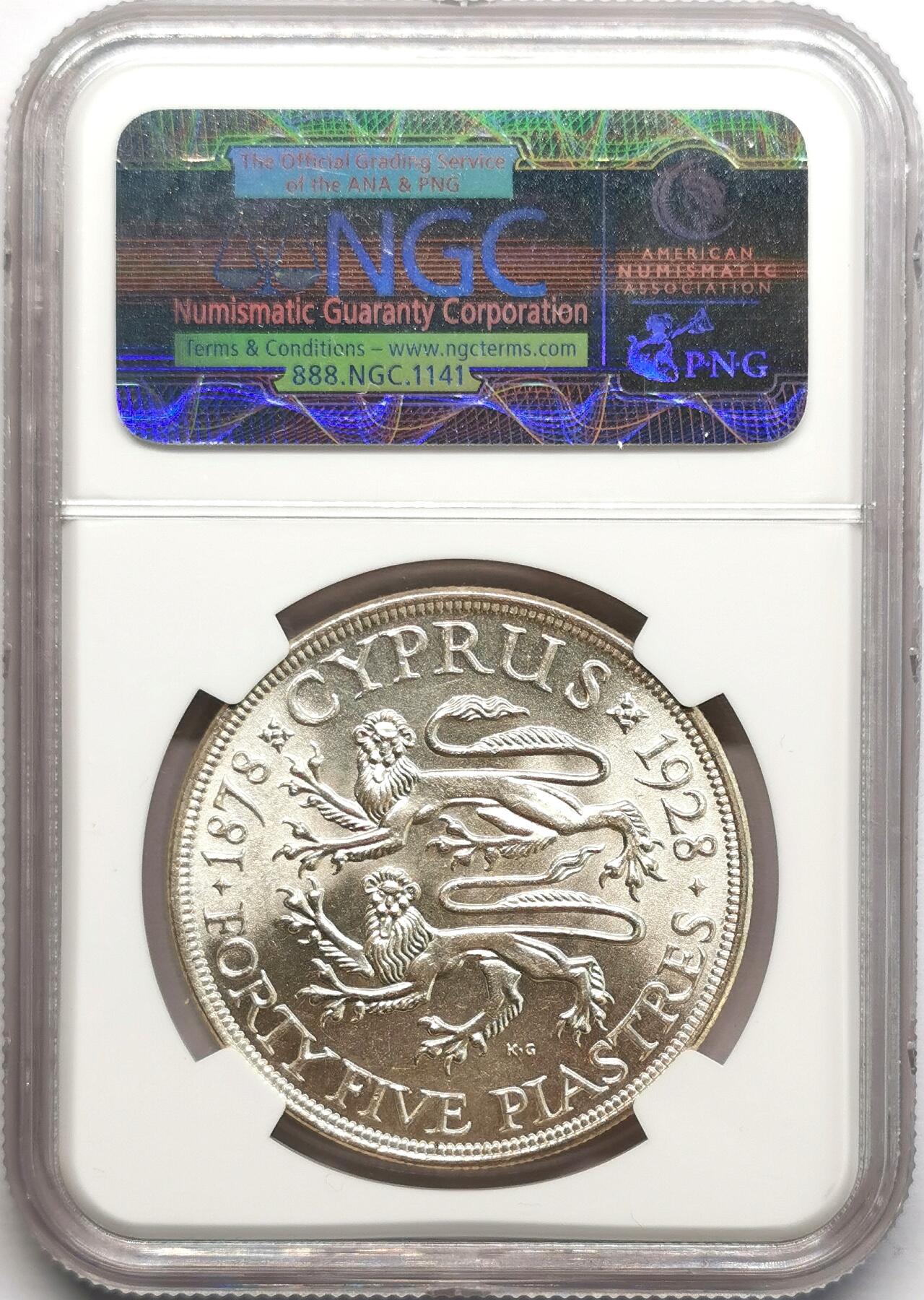 凡希社世界钱币微拍第二百七十八期 荐！1928英属塞浦路斯乔五45皮亚斯特大银NGC-MS63，银光未流通品，乔五时期殖民地唯二的克朗型大银