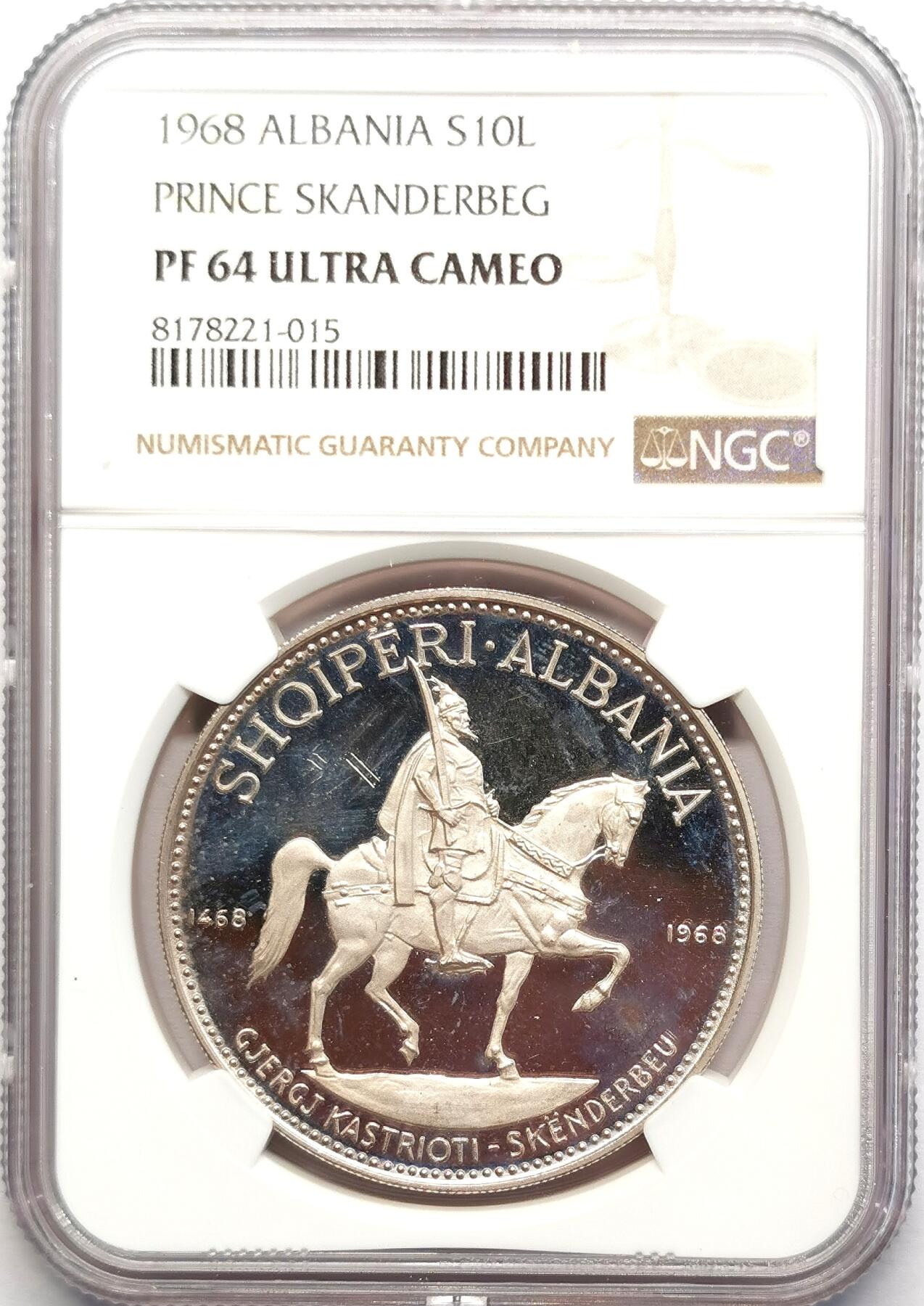 凡希社世界钱币微拍第二百七十八期 1968阿尔巴尼亚SKanderberg纪念10LEK大银精铸NGC-PF64UC
