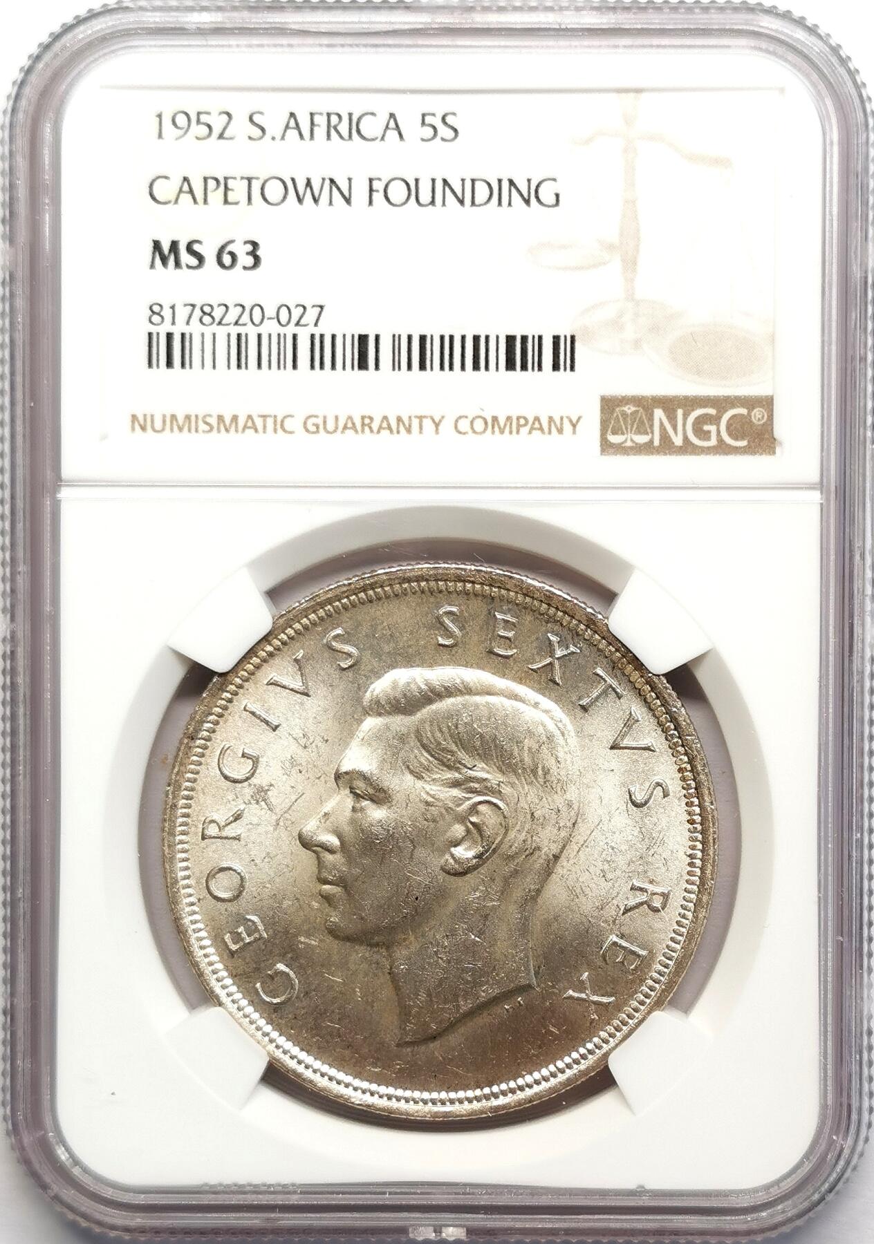 凡希社世界钱币微拍第二百七十八期 1952南非开普敦殖民地纪念5先令大银NGC-MS63