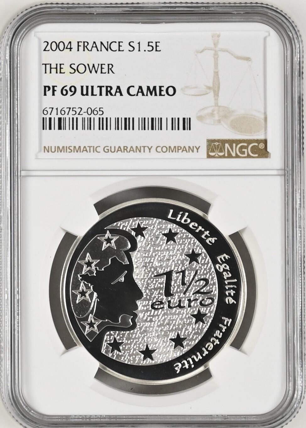 长老汇龙年精选第十三场拍卖 2004 法国播种者1.5法郎精制银币，NGC PF69UC，唯一冠军