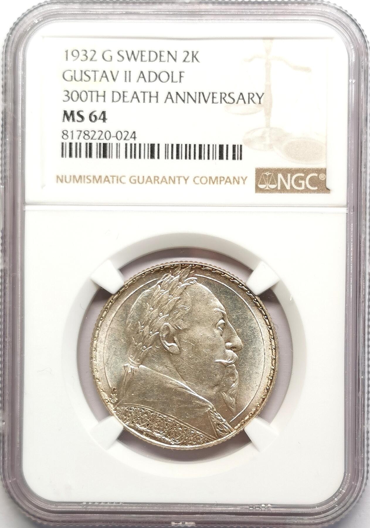凡希社世界钱币微拍第二百七十八期 1932瑞典古斯塔夫逝世三百年纪念2克朗NGC-MS64