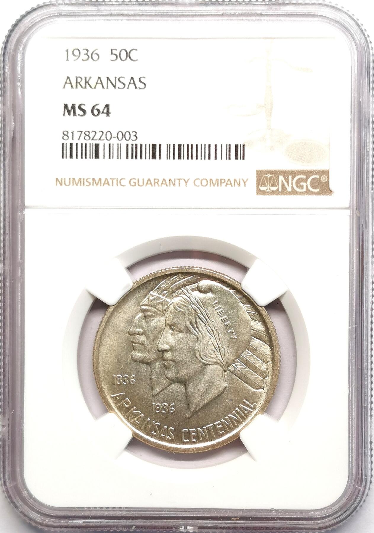 凡希社世界钱币微拍第二百七十八期 1936美国阿肯色州百年纪念50美分NGC-MS64