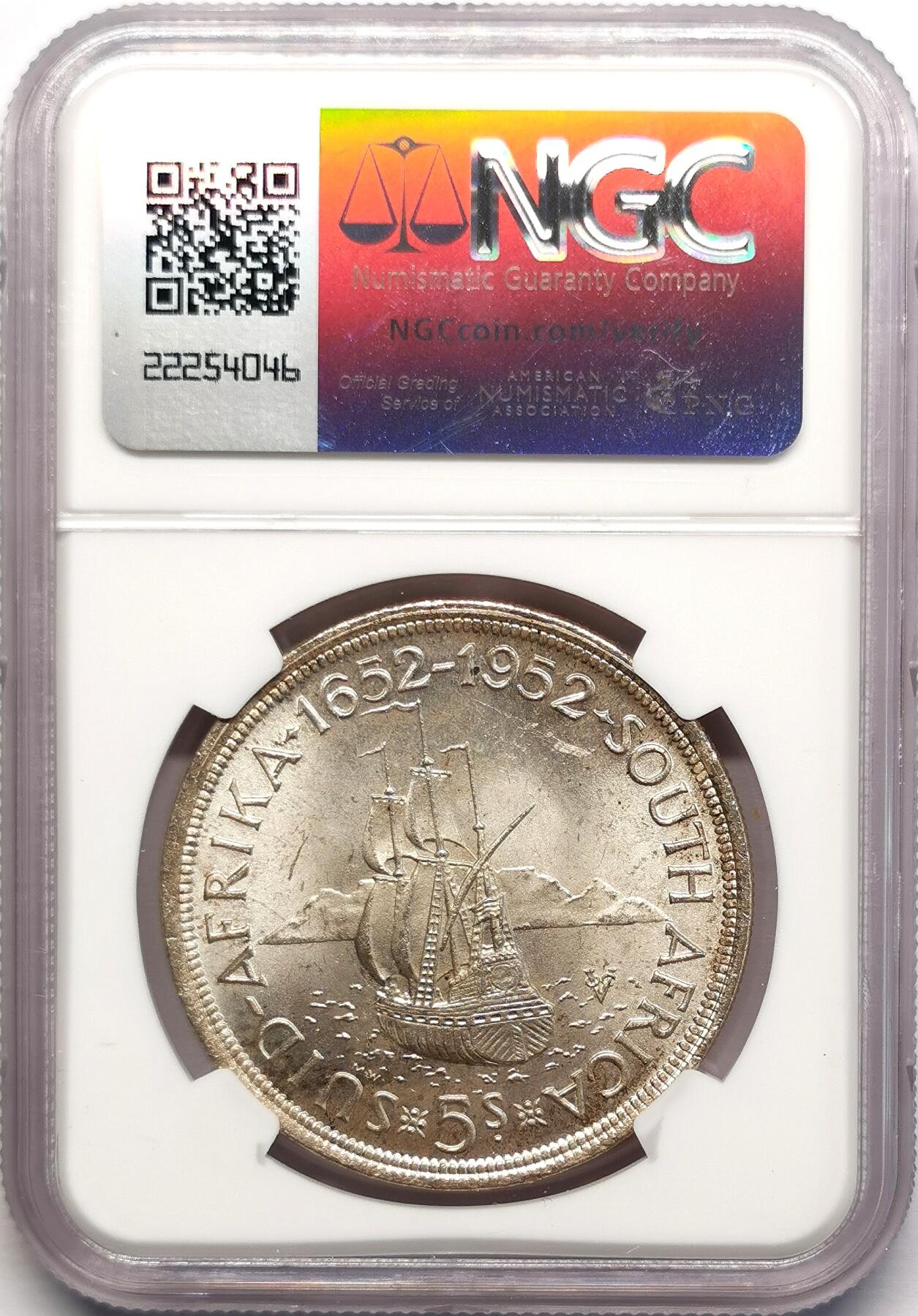 凡希社世界钱币微拍第二百七十八期 1952南非开普敦殖民地纪念5先令大银NGC-MS63