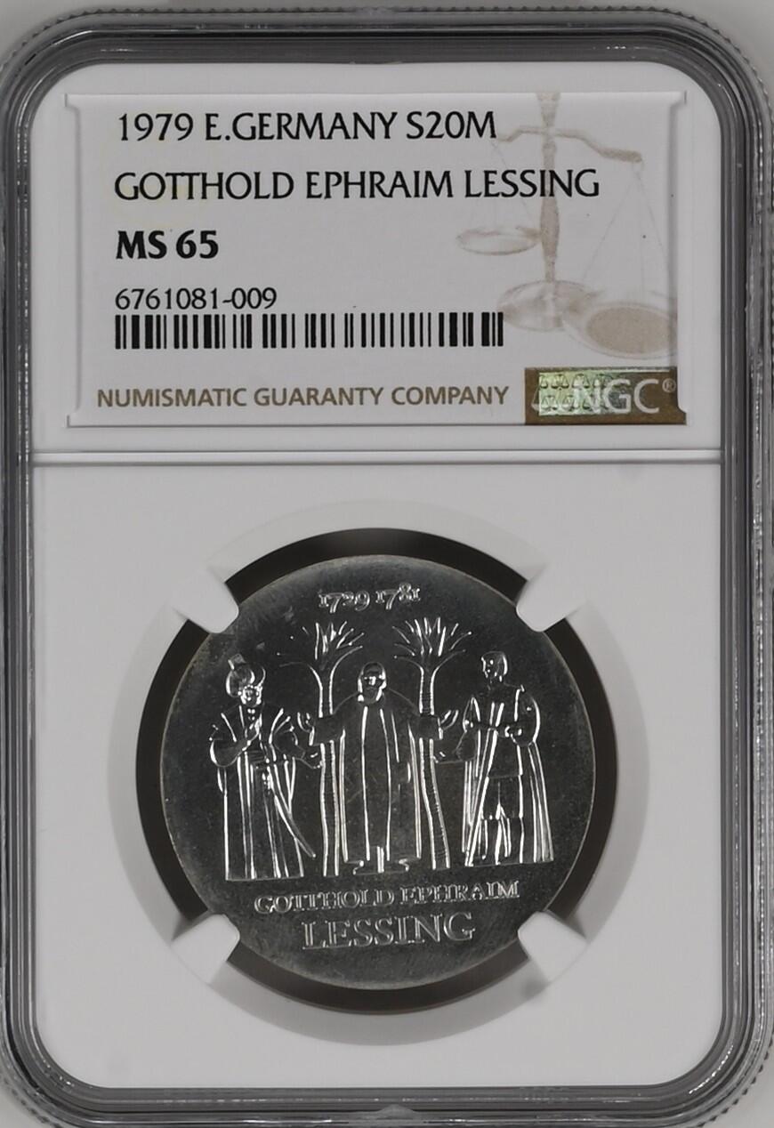 长老汇龙年精选第十三场拍卖 1979 东德莱辛20马克银币，NGC MS65，更高12枚，NGC官网63分160美金，本人有两枚，前几天卖出一枚