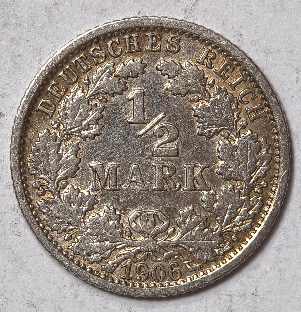 紫瑗钱币——第412期 德国 1906年 F版 第二帝国 1/2马克 银币 2.77克 0.9银 