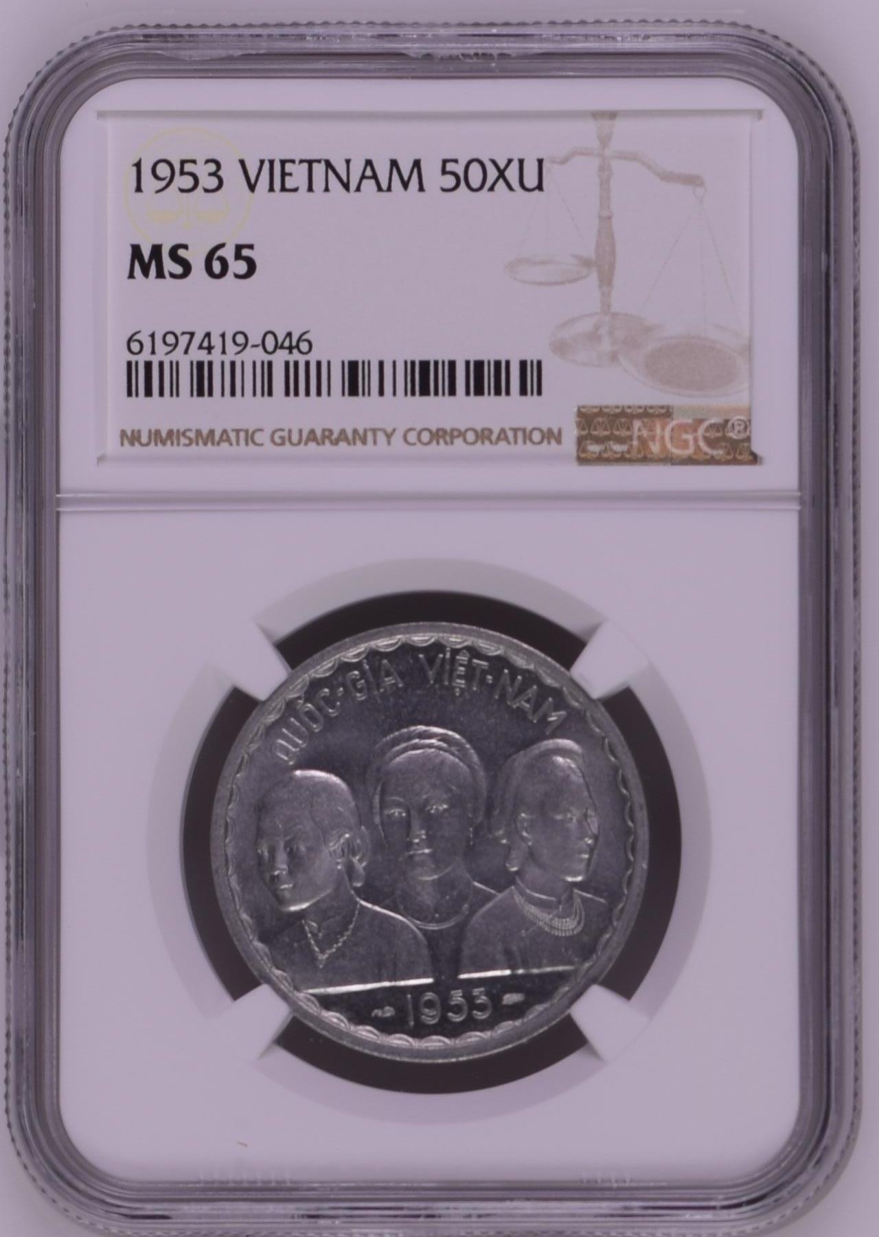 长老汇龙年精选第十三场拍卖 1953越南 三姐妹双龙50苏铝币，NGC MS65，更高29枚，热门