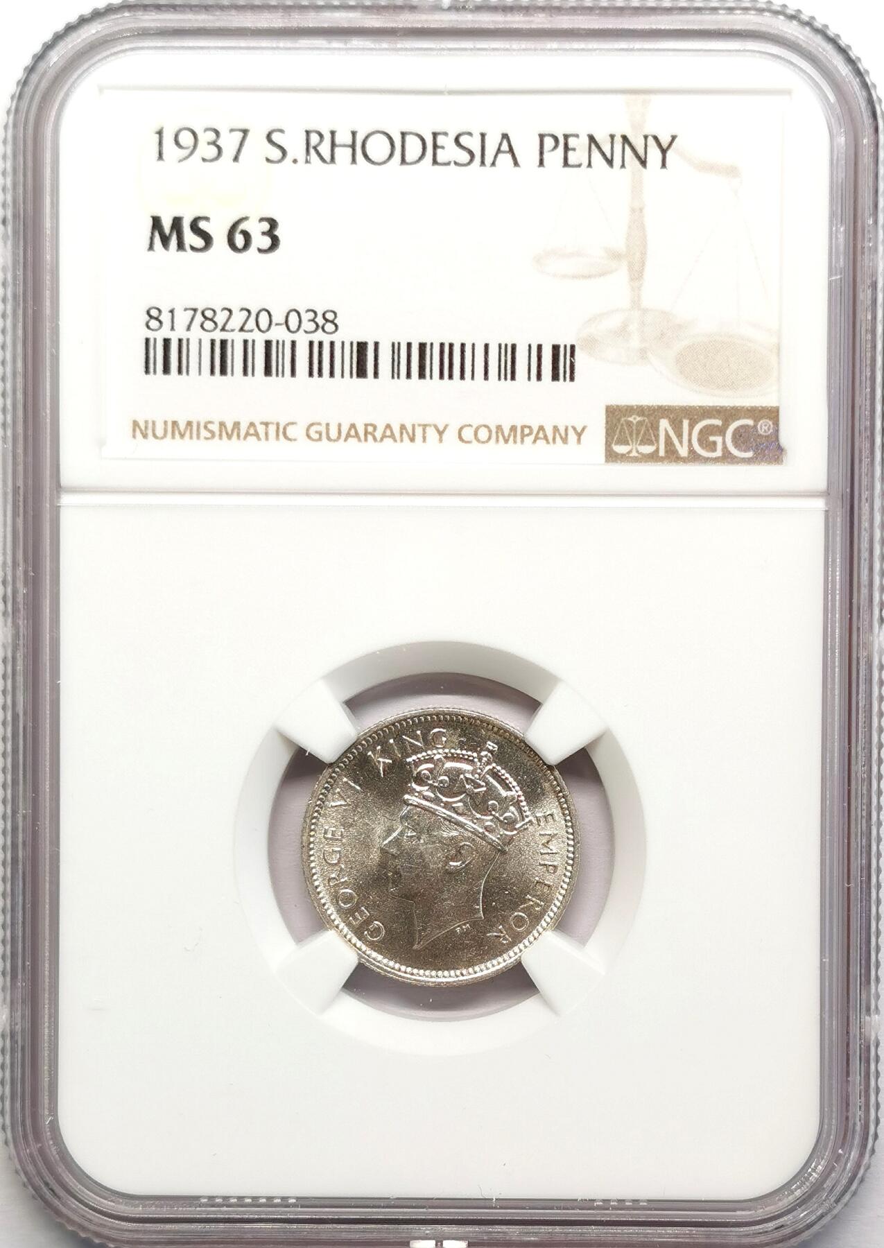 凡希社世界钱币微拍第二百七十八期 1937英属南罗得西亚乔六大头版6便士NGC-MS63