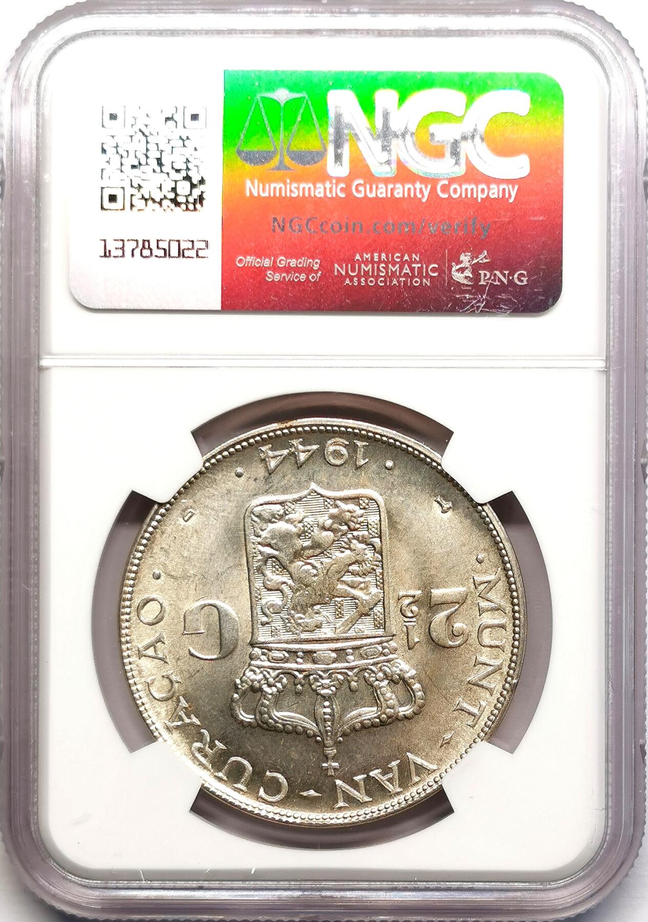凡希社世界钱币微拍第二百七十八期 1944D荷属库索拉2.5盾大银NGC-MS63