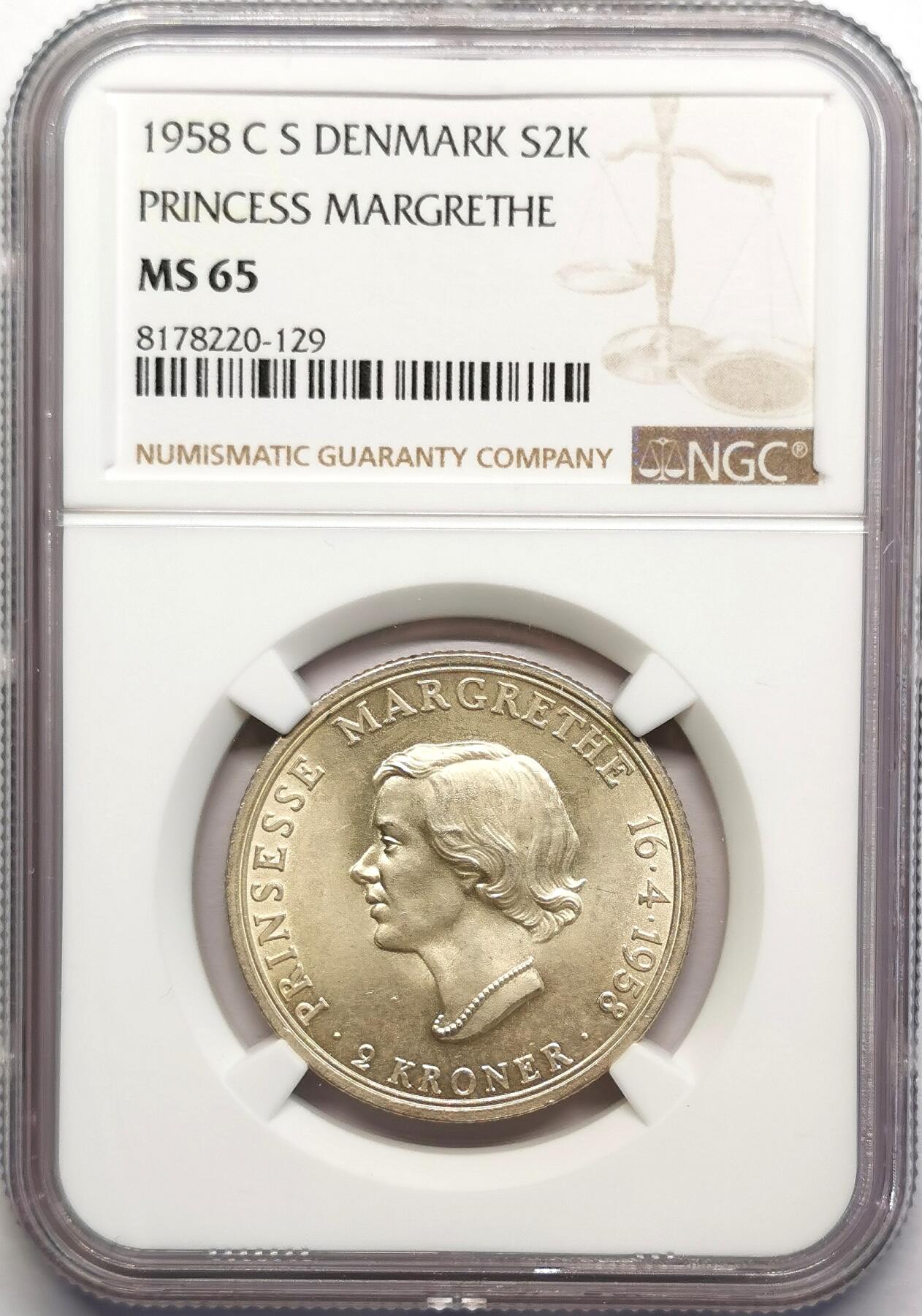 凡希社世界钱币微拍第二百七十八期 1958丹麦玛格丽特公主纪念2克朗银币NGC-MS65
