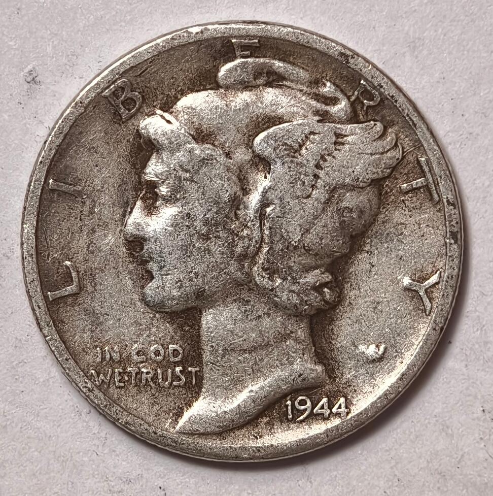 紫瑗钱币——第412期 美国 1944年 D版 墨丘比利 小飞侠 10美分 2.5克 0.9银