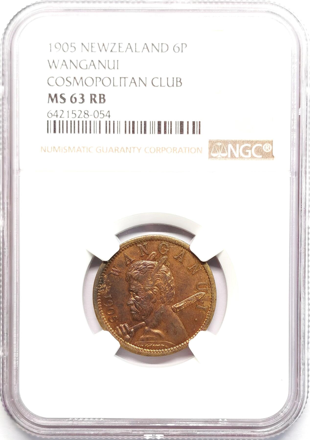 凡希社世界钱币微拍第二百七十八期 1905新西兰旺加努伊毛利人6便士红铜代用币NGC-MS63