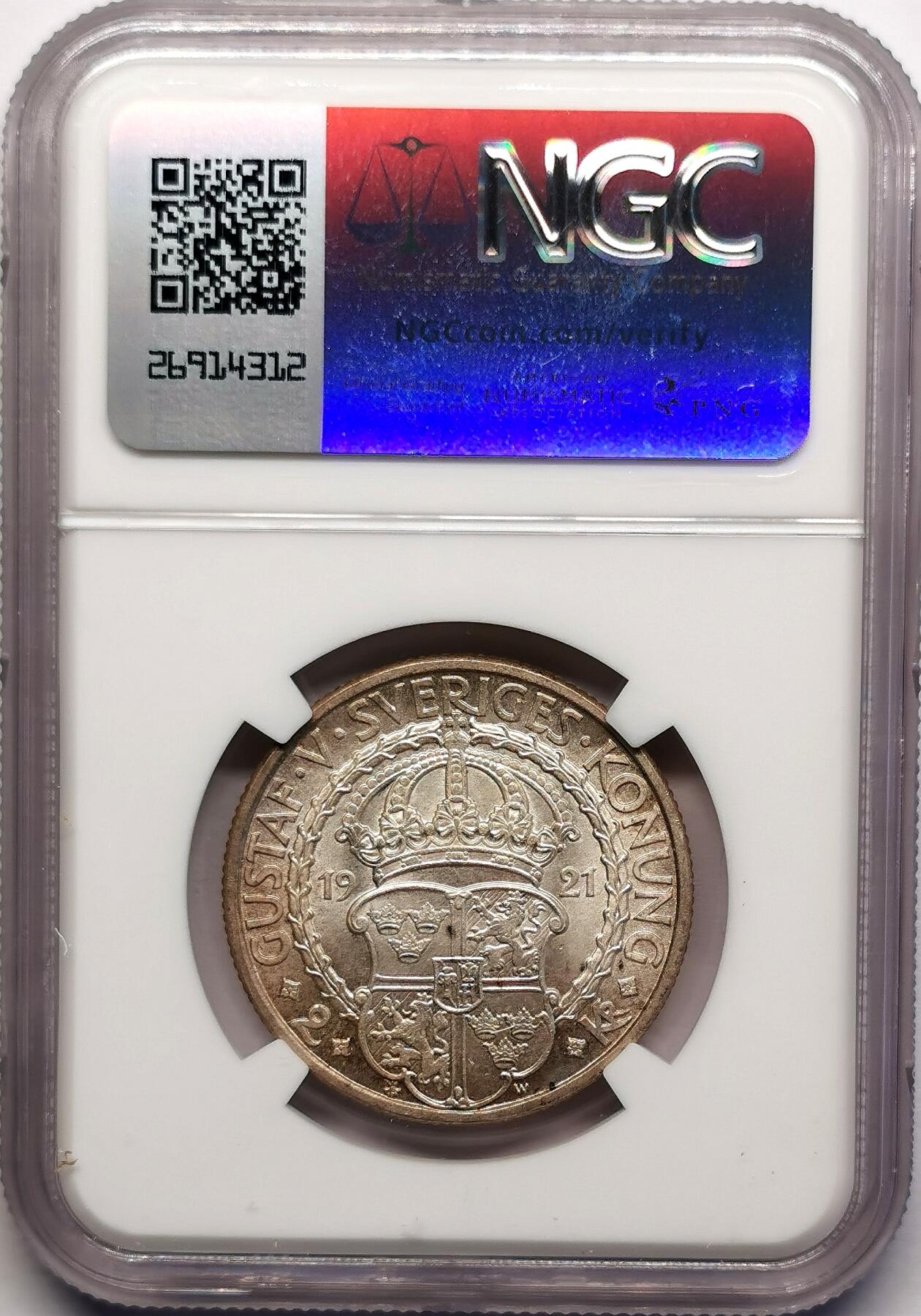 凡希社世界钱币微拍第二百七十八期 1921瑞典宗教自由400周年纪念2克朗NGC-MS65