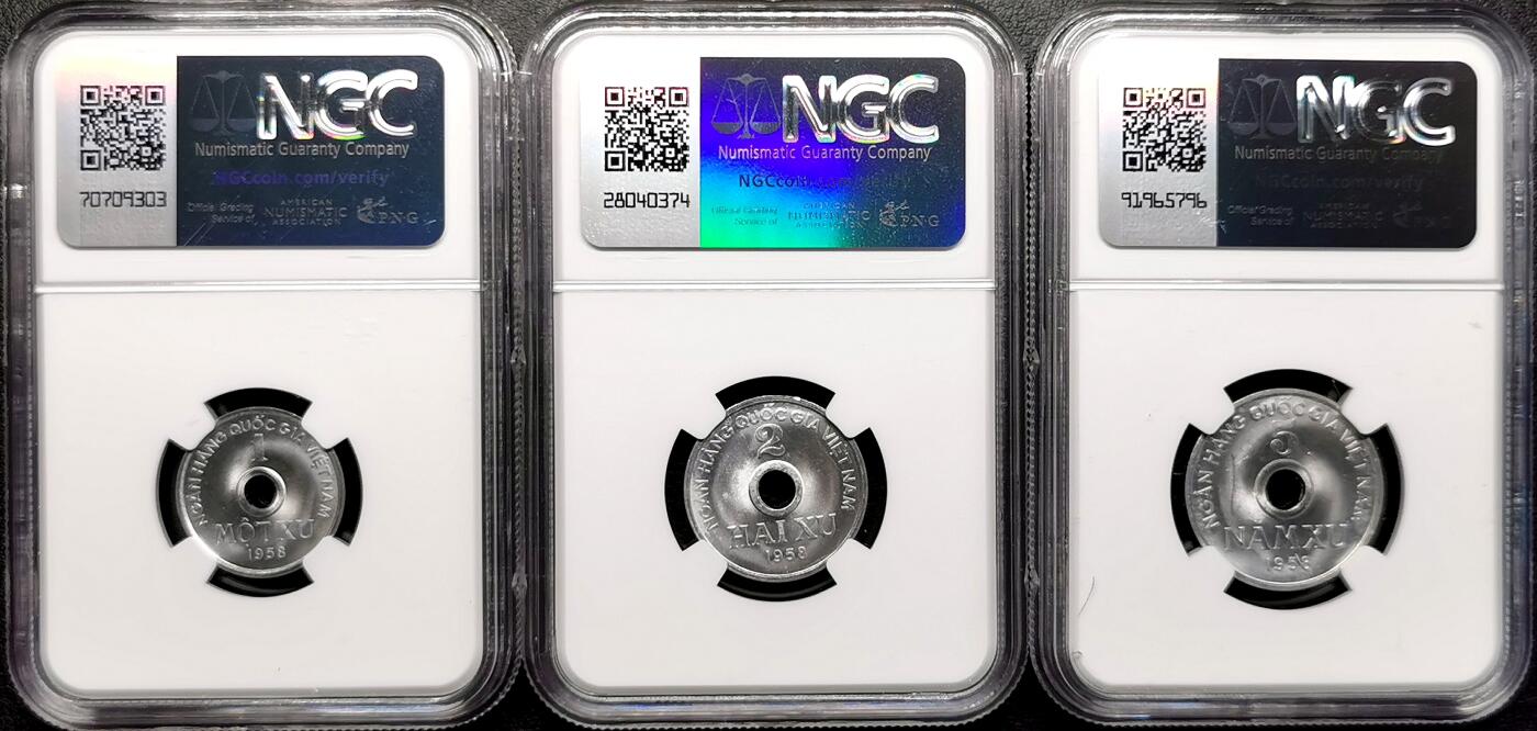凡希社世界钱币微拍第二百七十八期 1958越南圆孔流通版三枚套NGC两枚超高分！