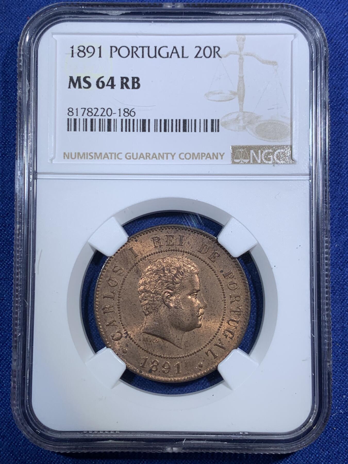 《竞宝斋》第292场- 周日，周一  2场连拍 （全场包邮） NGC MS64RB 葡萄牙1891年卡洛斯一世20瑞斯铜币 少见品种 仅四枚更高