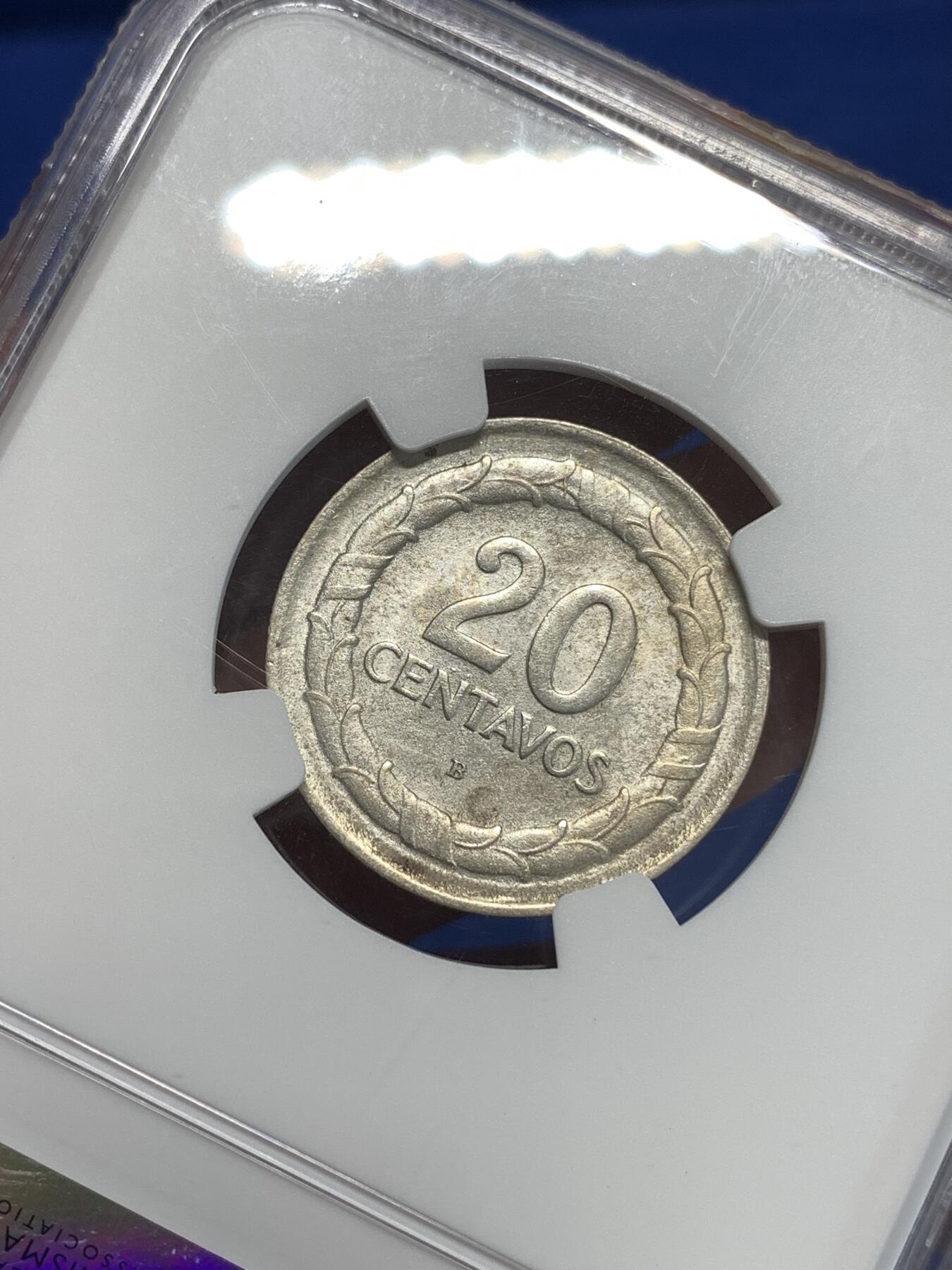 《竞宝斋》第292场- 周日，周一  2场连拍 （全场包邮） 特年 NGC MS62 哥伦比亚 1945年 20分 银币  更高分仅五枚