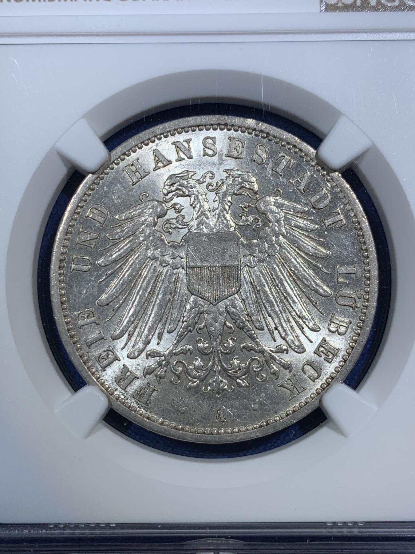 《竞宝斋》第292场- 周日，周一  2场连拍 （全场包邮） NGC MS63 德国1913A吕贝克3马克银币