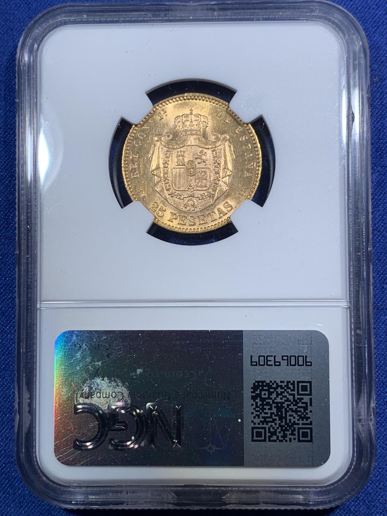 《竞宝斋》第292场- 周日，周一  2场连拍 （全场包邮） NGC MS62 西班牙1878年阿方索十三世25比塞塔金币 8.06克