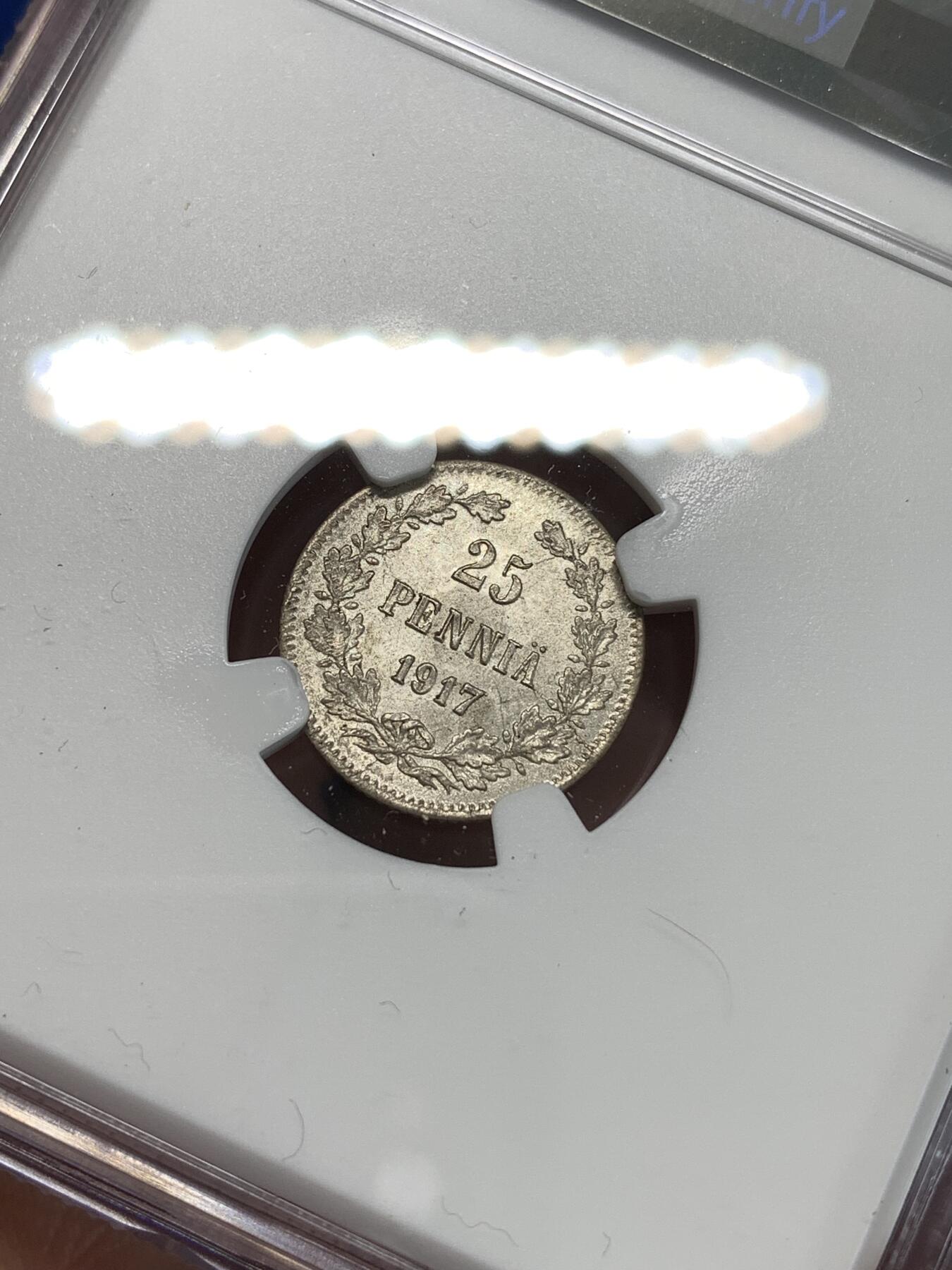 《竞宝斋》第292场- 周日，周一  2场连拍 （全场包邮） NGC MS65 俄占芬兰1917年泽伦斯基临时政府25盆尼S版小银币