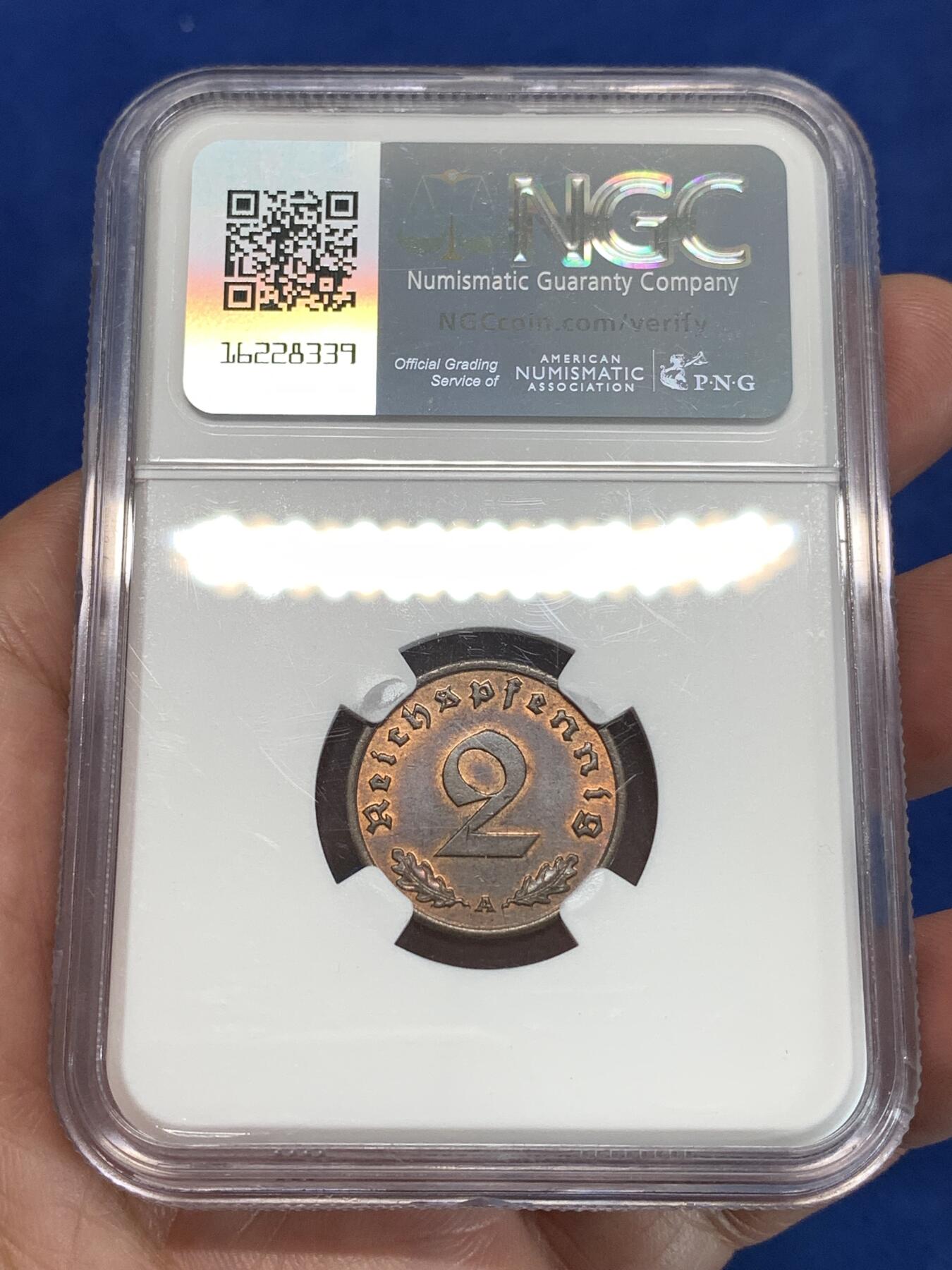 《竞宝斋》第292场- 周日，周一  2场连拍 （全场包邮） NGC MS63BN 1939年A厂标德国2芬尼