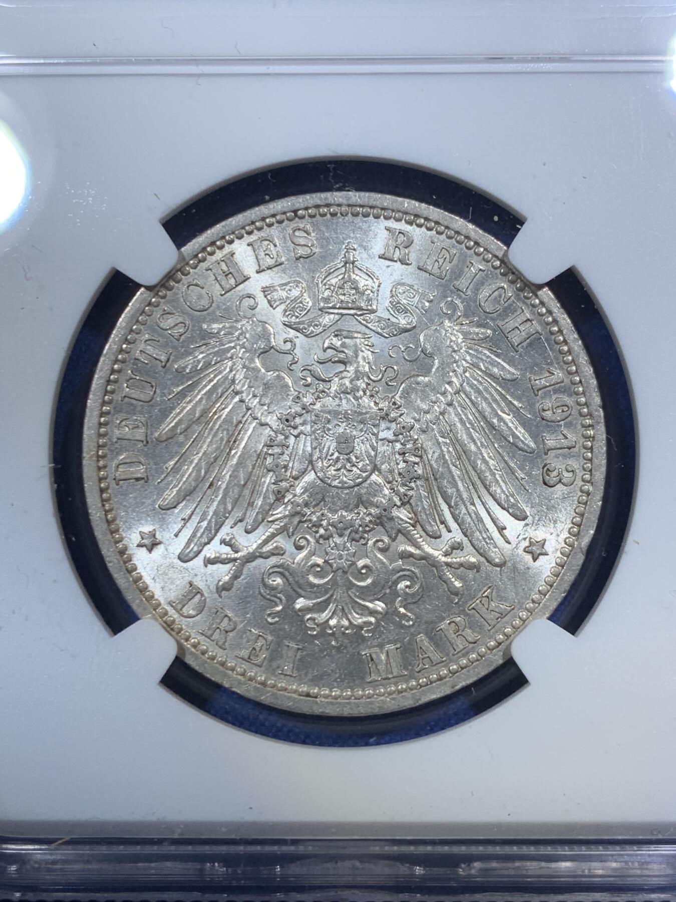 《竞宝斋》第292场- 周日，周一  2场连拍 （全场包邮） NGC MS63 德国1913A吕贝克3马克银币