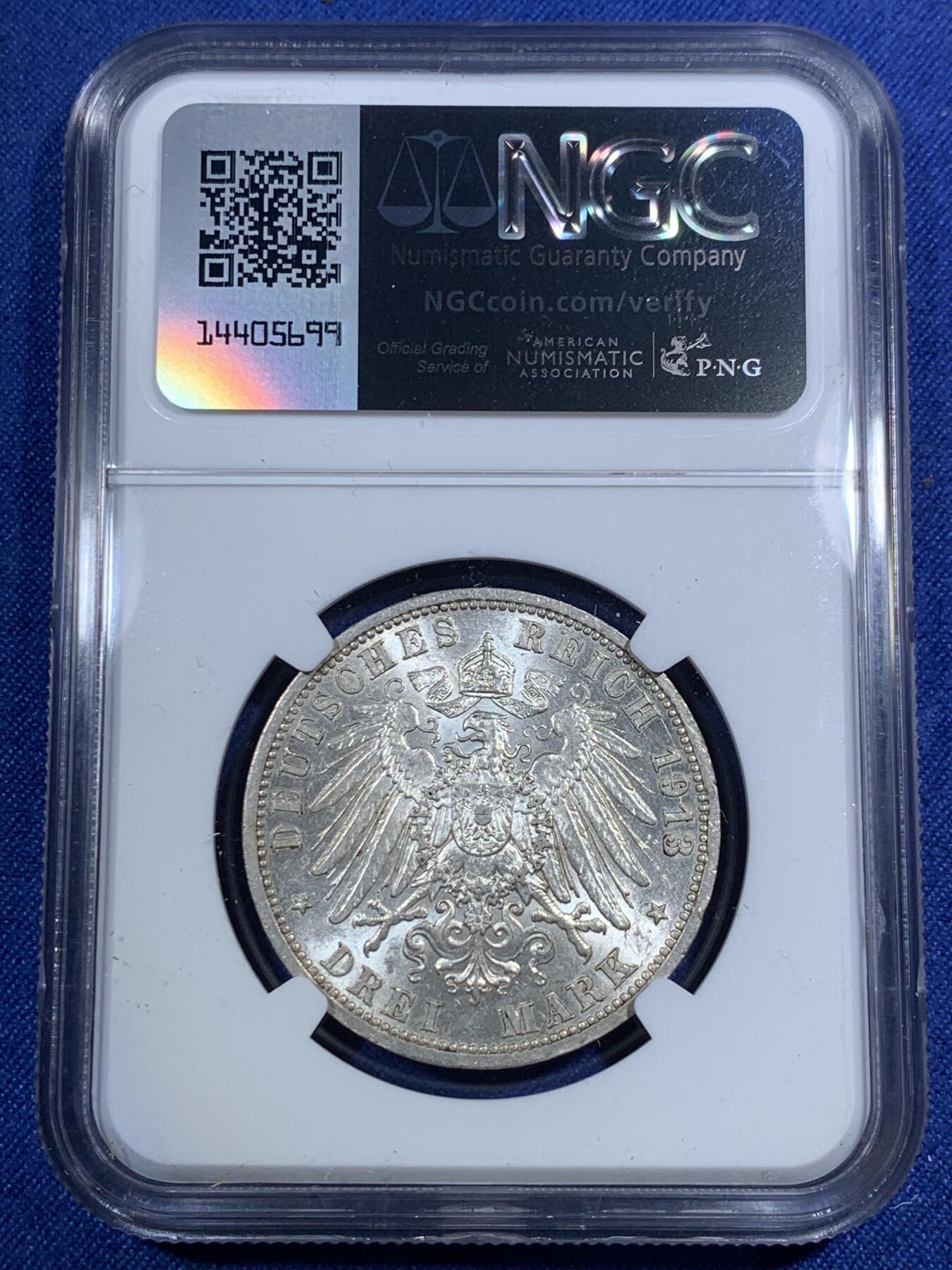 《竞宝斋》第292场- 周日，周一  2场连拍 （全场包邮） NGC MS63 德国1913A吕贝克3马克银币