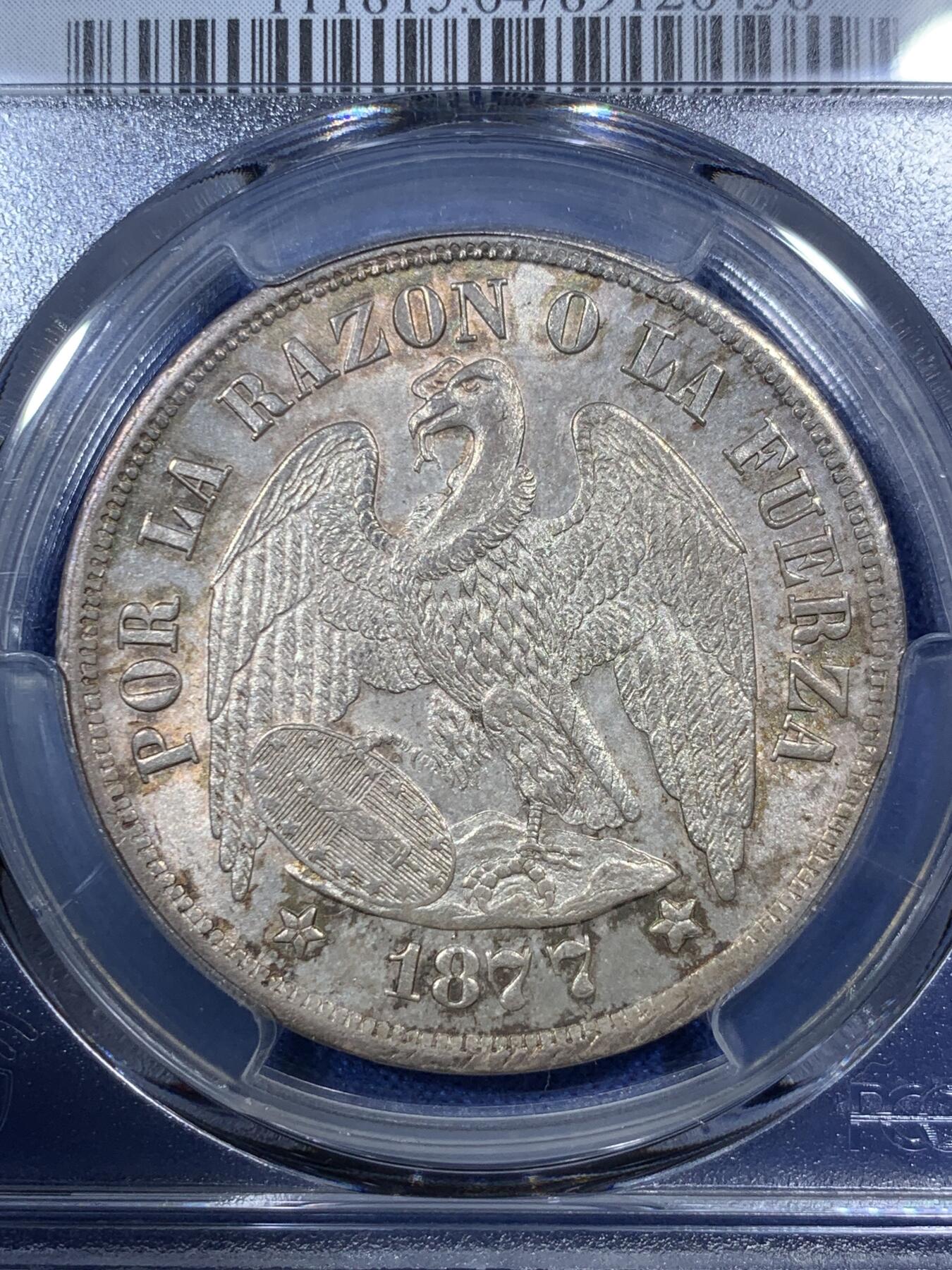 《竞宝斋》第292场- 周日，周一  2场连拍 （全场包邮） PCGS MS64 智利 1877年 安第斯神鹰 1比索 PC亚军分 更高分仅一枚 拉丁美洲潜力品种