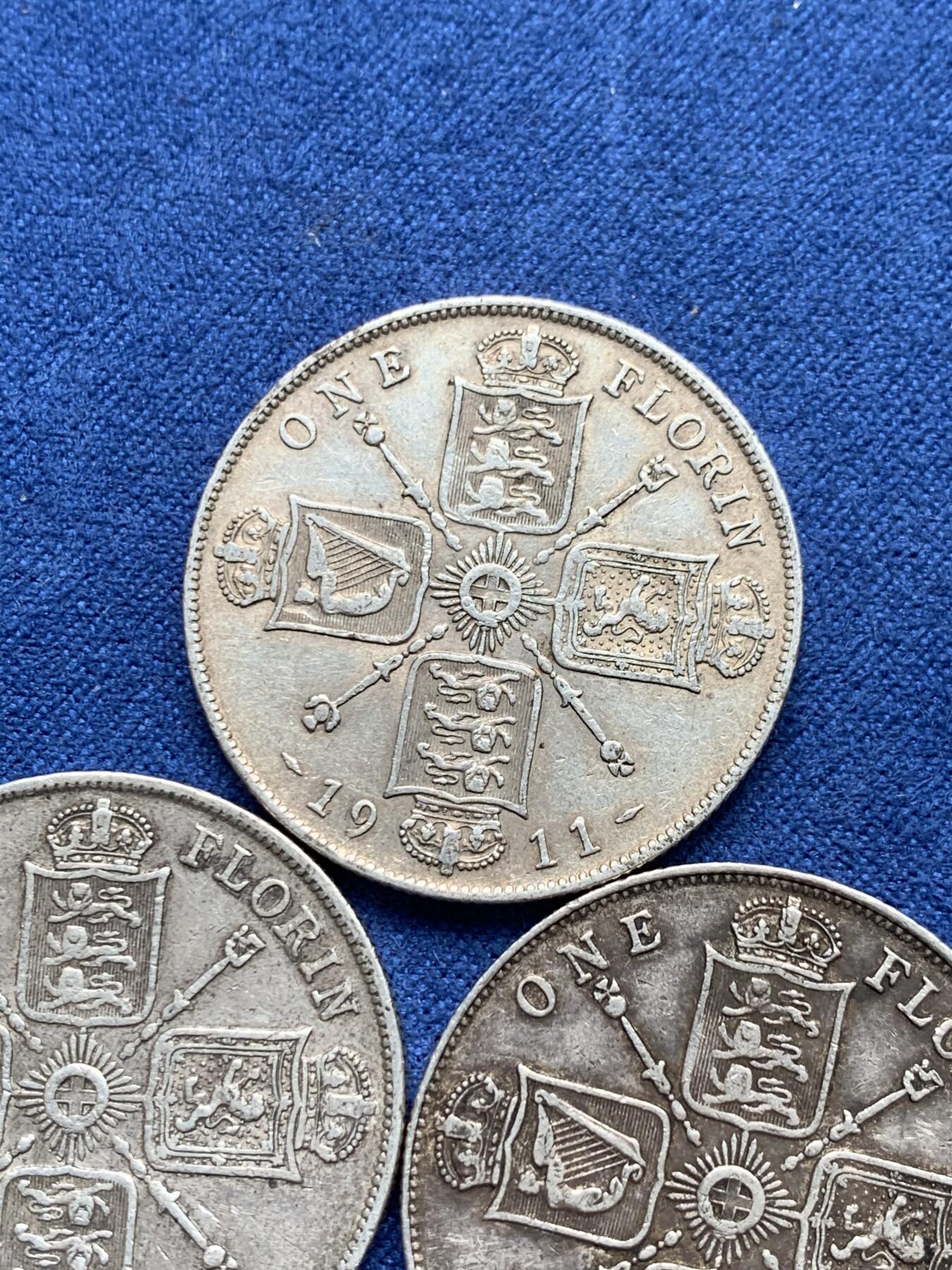 《竞宝斋》第292场- 周日，周一  2场连拍 （全场包邮） 3枚一组 英国乔治五世1弗洛林银币 高银版