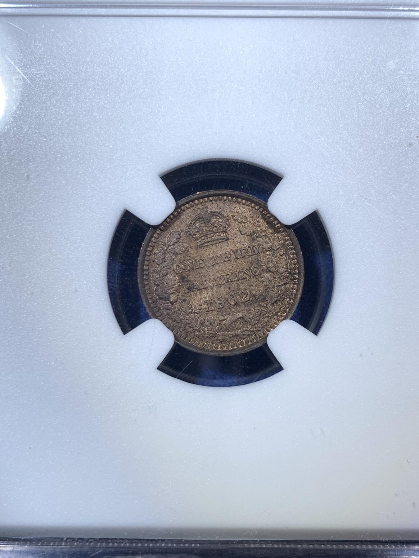 《竞宝斋》第292场- 周日，周一  2场连拍 （全场包邮） NGC MS63RB 英国1902年 爱德华七世1/3法新 底板光度很好 包浆和转光交相辉映