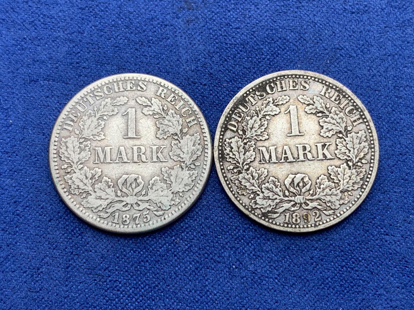 《竞宝斋》第292场- 周日，周一  2场连拍 （全场包邮） 德国1892+1875 帝国马克长翅短翅一对 ，早期长翅也难得