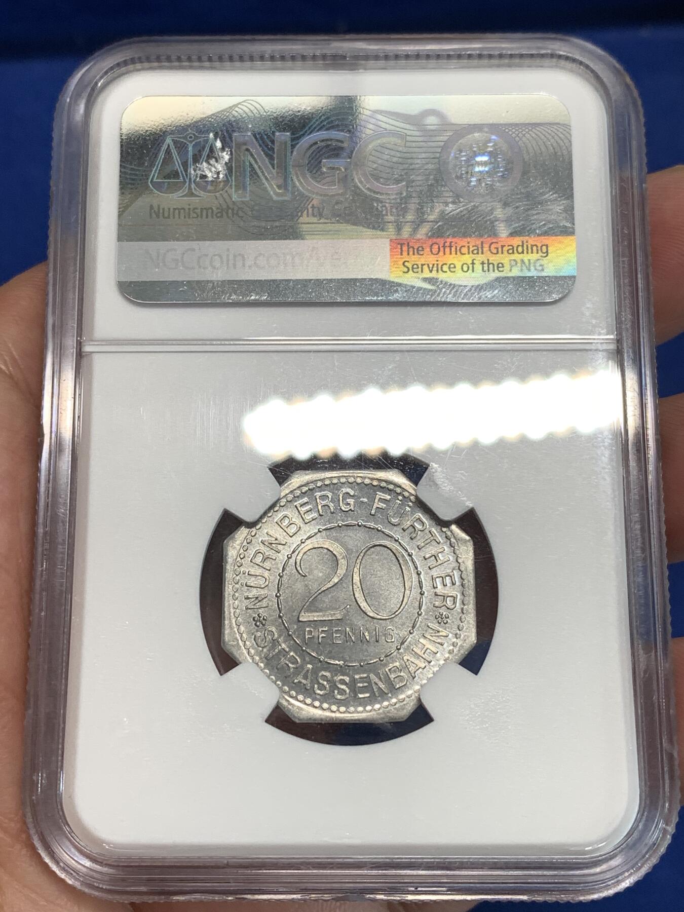 《竞宝斋》第292场- 周日，周一  2场连拍 （全场包邮） NGC MS65 德国1920年紧急状态时期纽伦堡20芬尼代用币