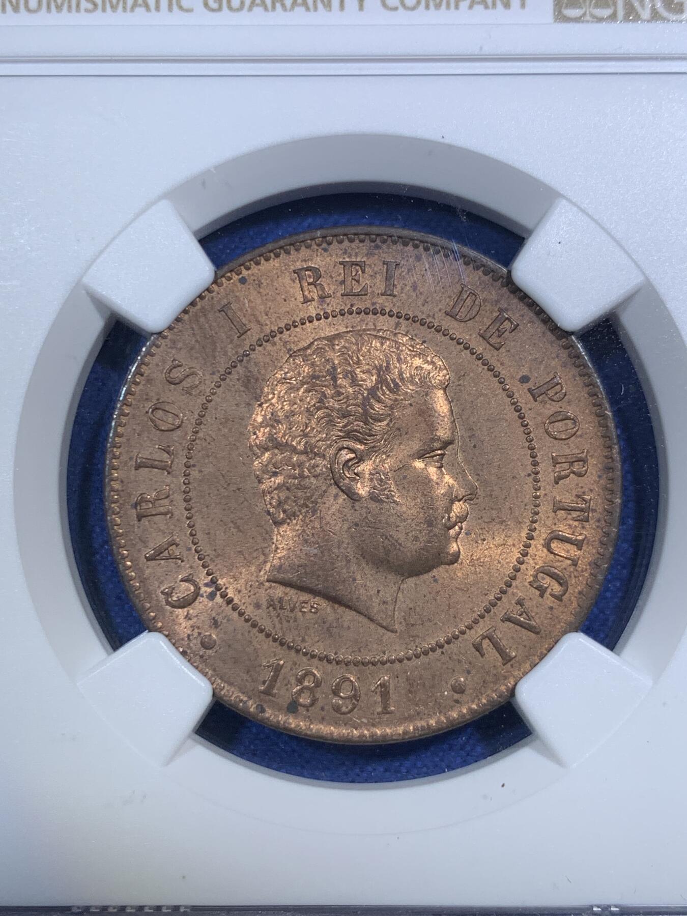 《竞宝斋》第292场- 周日，周一  2场连拍 （全场包邮） NGC MS64RB 葡萄牙1891年卡洛斯一世20瑞斯铜币 少见品种 仅四枚更高