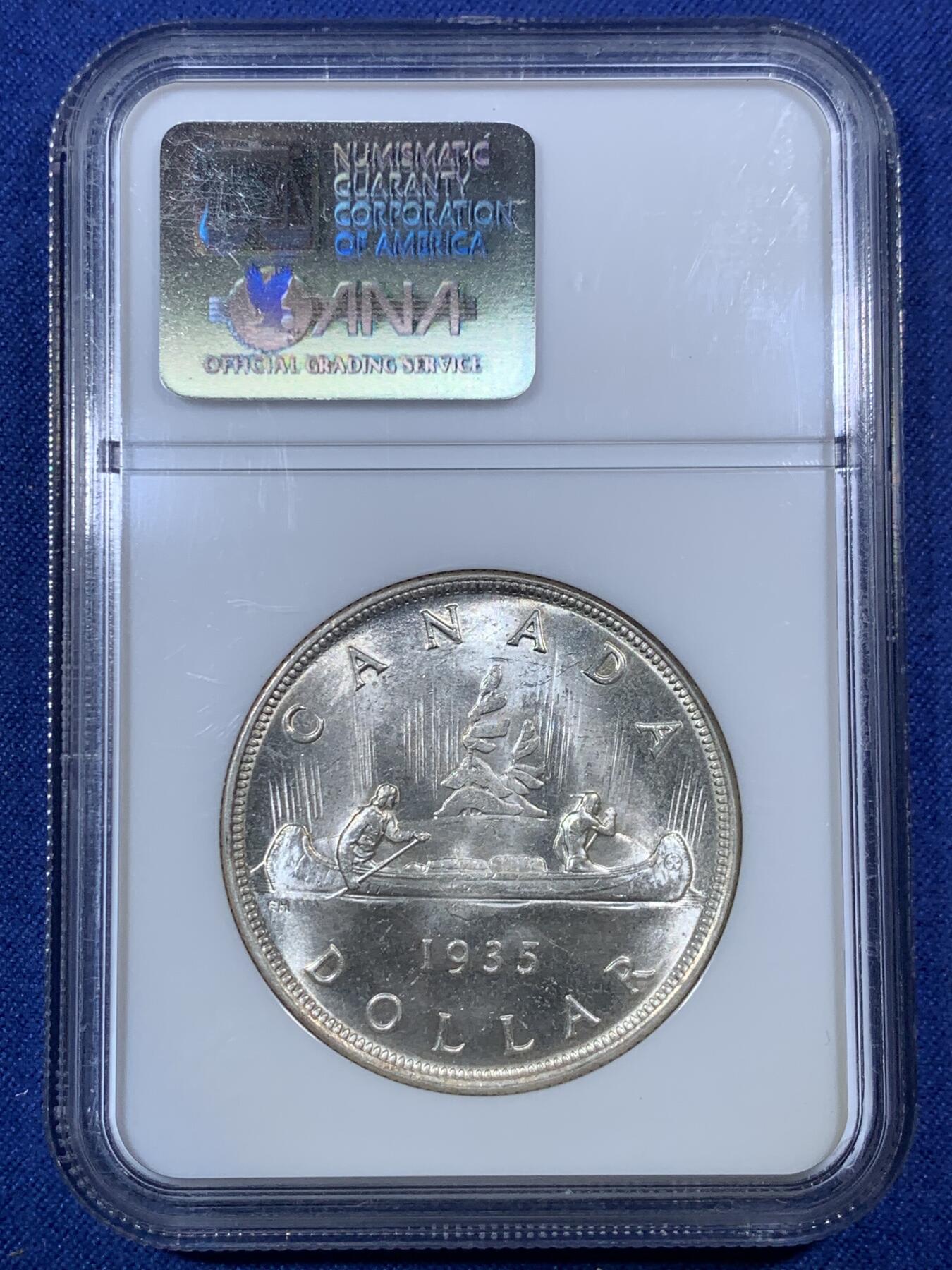 《竞宝斋》第292场- 周日，周一  2场连拍 （全场包邮） NGC MS64 1935年英属加拿大乔五壹元划船纪念银币老盒严评 小白盒不多了全银光 麦稀奇原拍品 成交价1200