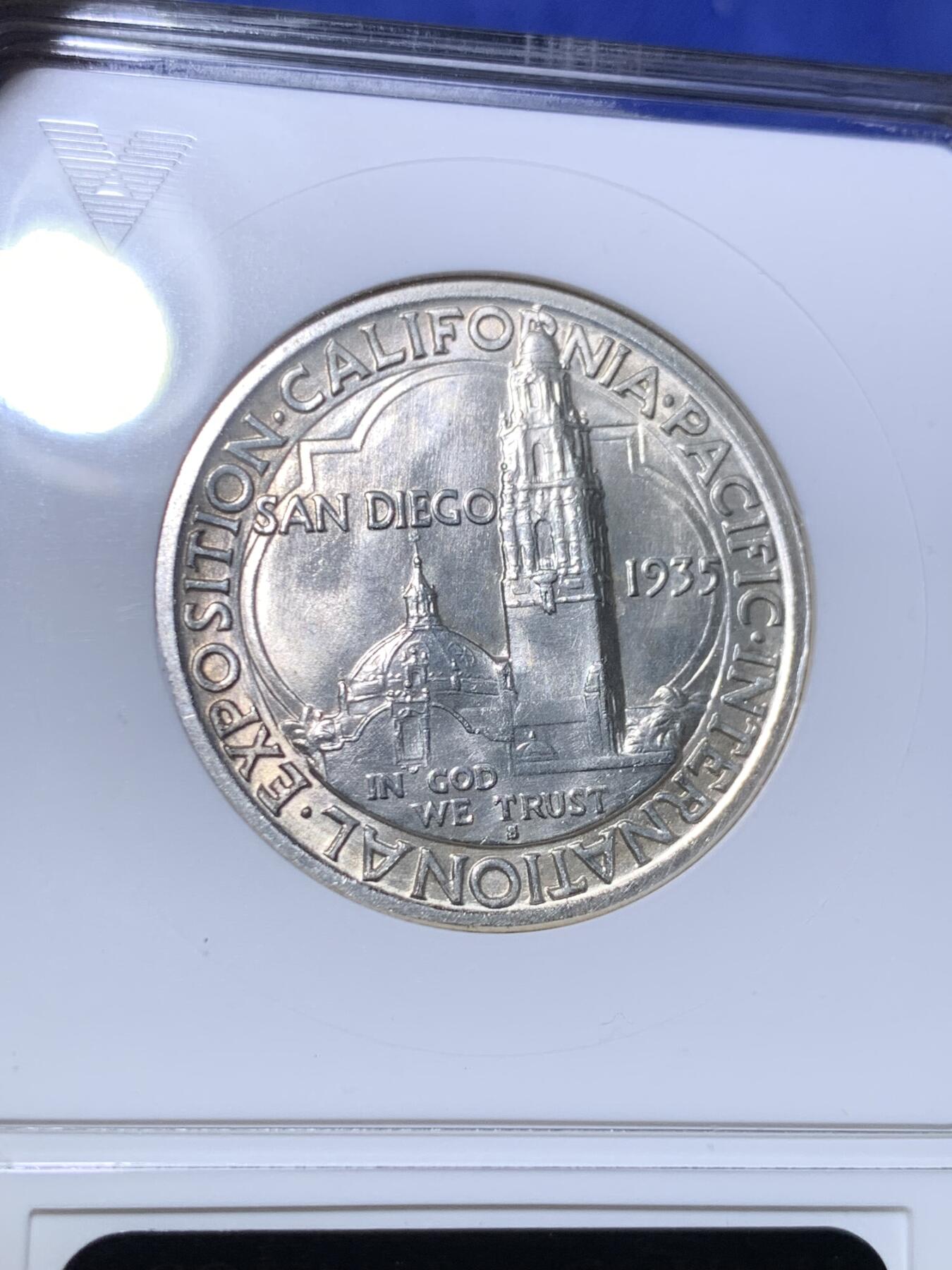 《竞宝斋》第292场- 周日，周一  2场连拍 （全场包邮） ANACS MS65 美国 1935年 圣地亚哥半美元 经典品种 漂亮设计 高分绝版小白盒 收藏一步到位