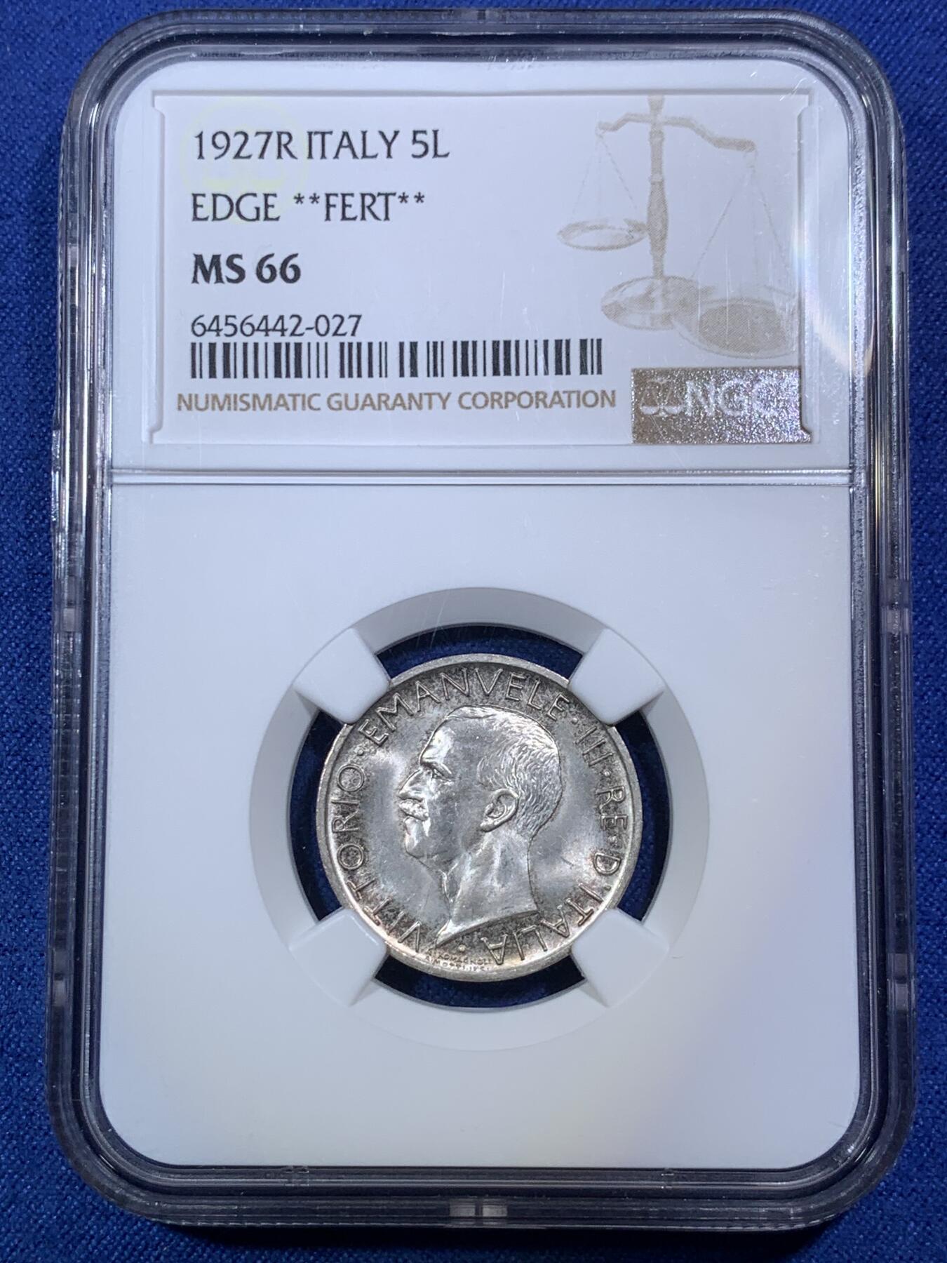 《竞宝斋》第292场- 周日，周一  2场连拍 （全场包邮） NGC MS66 意大利王国1927年法西斯鹰5里拉银币 冠军分