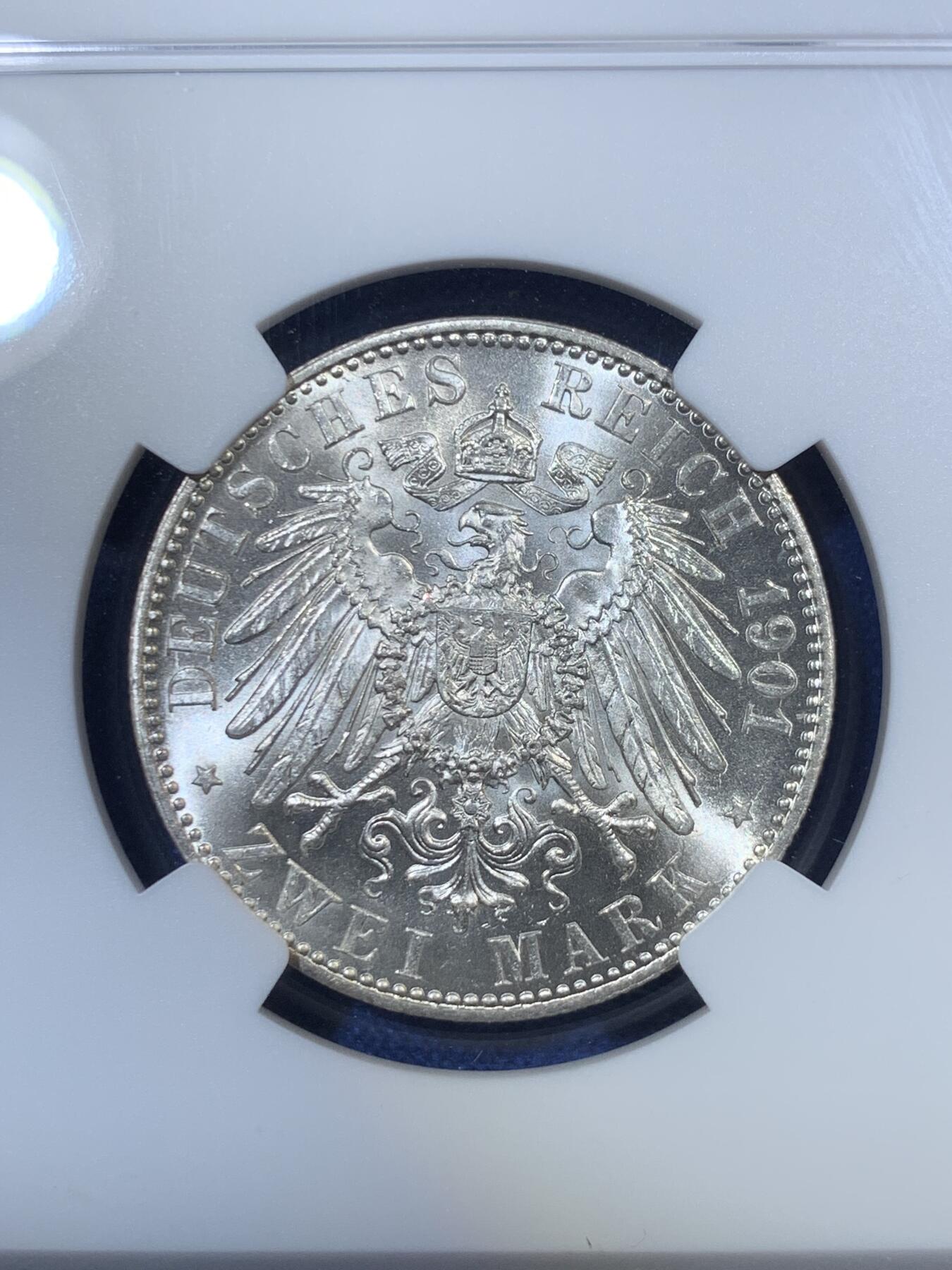 《竞宝斋》第292场- 周日，周一  2场连拍 （全场包邮） NGC MS62 德国1901A普鲁士建国200周年2马克银币