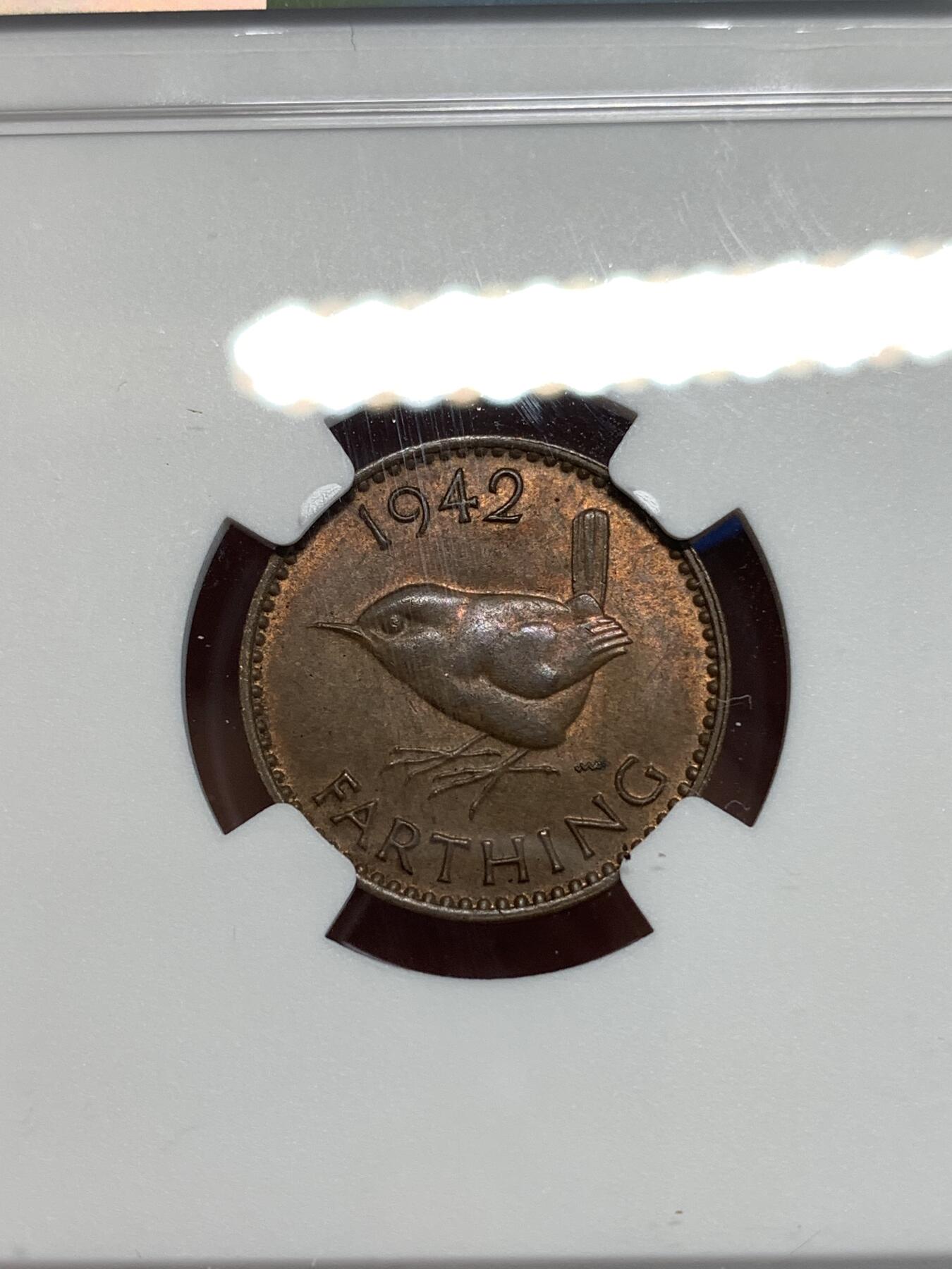 《竞宝斋》第292场- 周日，周一  2场连拍 （全场包邮） NGC MS64BN 英国1942年乔六1/4便士小鸟铜币