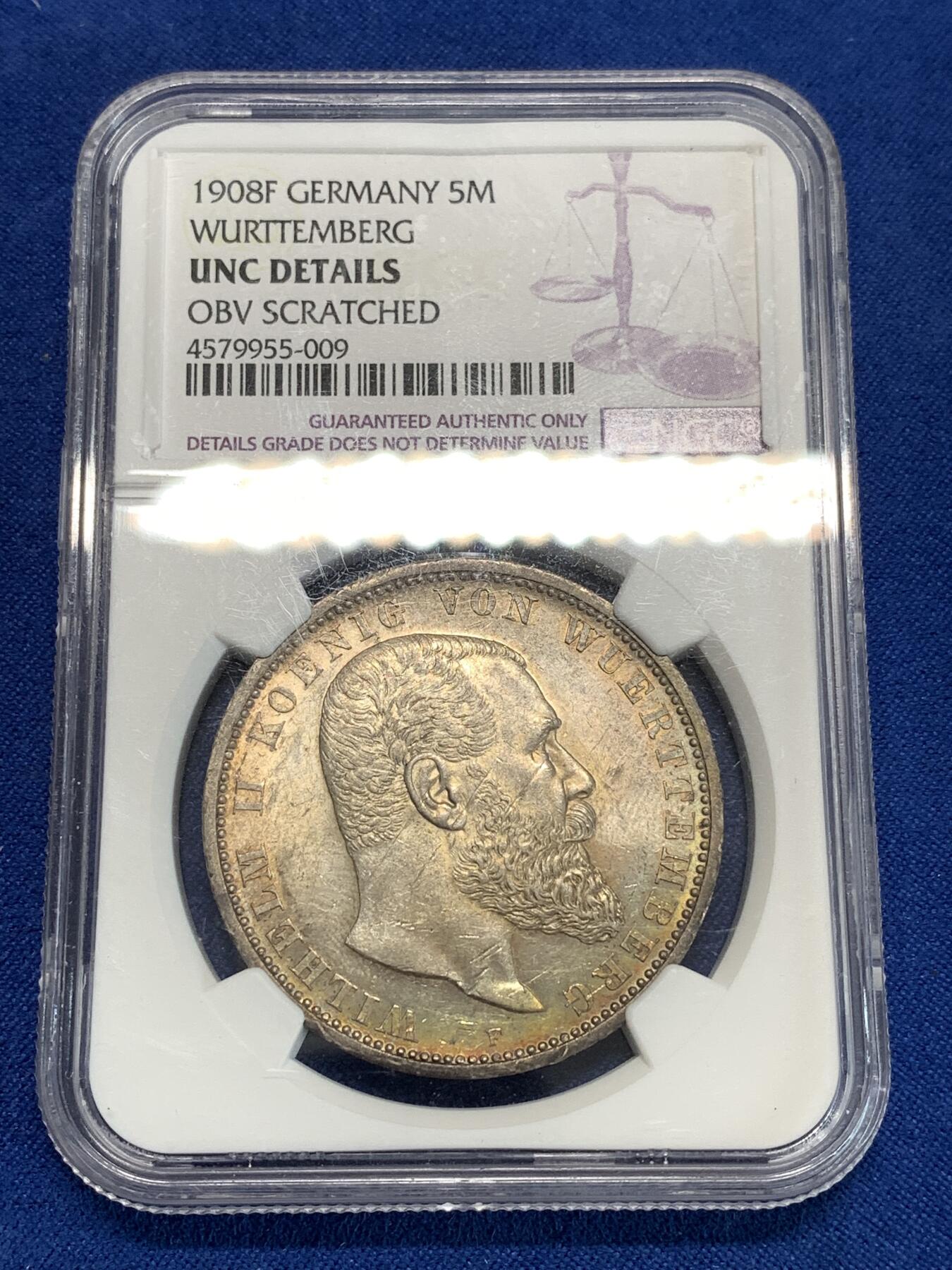 《竞宝斋》第292场- 周日，周一  2场连拍 （全场包邮） NGC UNCD 德国1908F符腾堡5马克银币