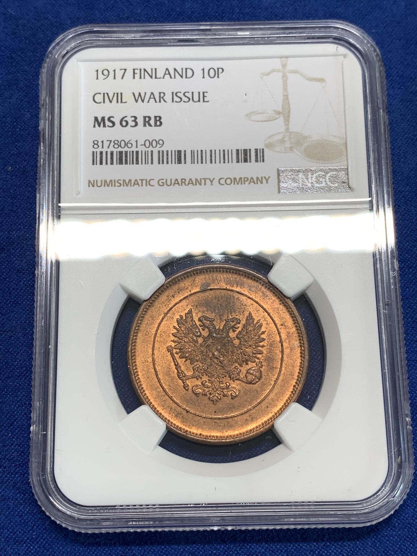 《竞宝斋》第292场- 周日，周一  2场连拍 （全场包邮） NGC MS63RB 俄占芬兰1917年克伦斯基临时政府无皇冠双头鹰10盆尼铜币
