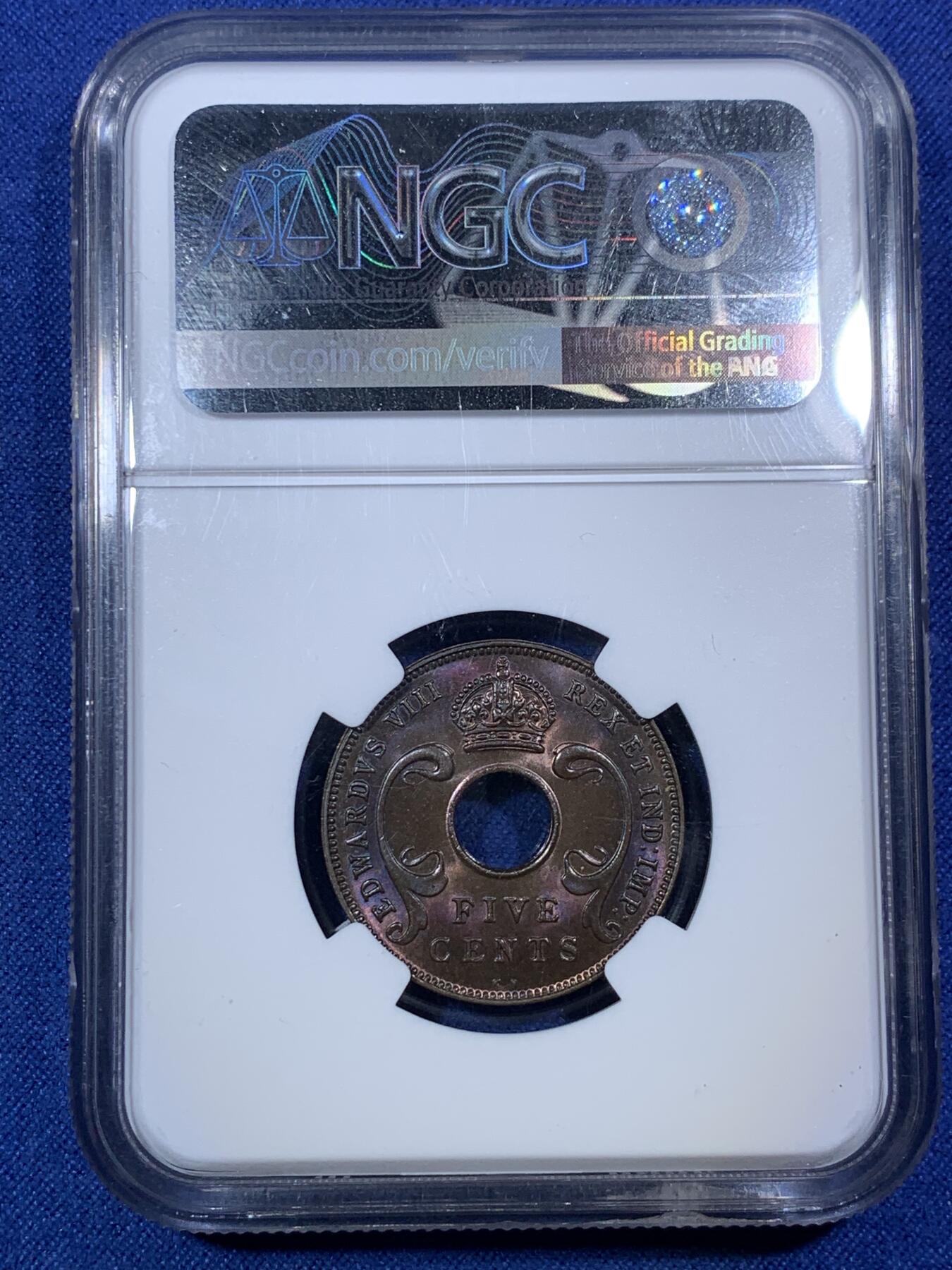 《竞宝斋》第292场- 周日，周一  2场连拍 （全场包邮） NGC MS64RB 英属东非1936年爱德华八世5分铜币KN版  紫彩非常漂亮