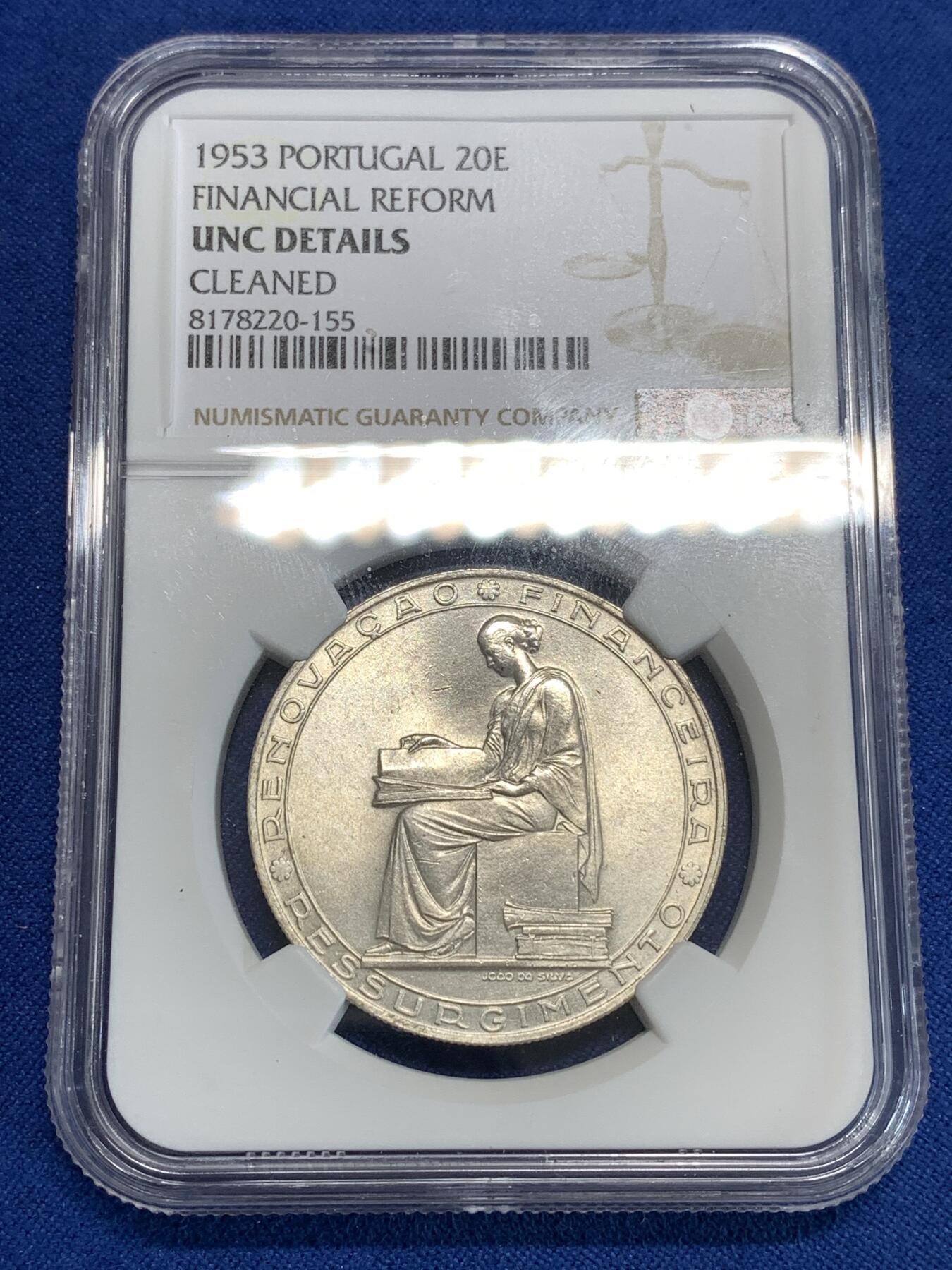 《竞宝斋》第292场- 周日，周一  2场连拍 （全场包邮） NGC UNC 葡萄牙1953年20埃斯库多银币