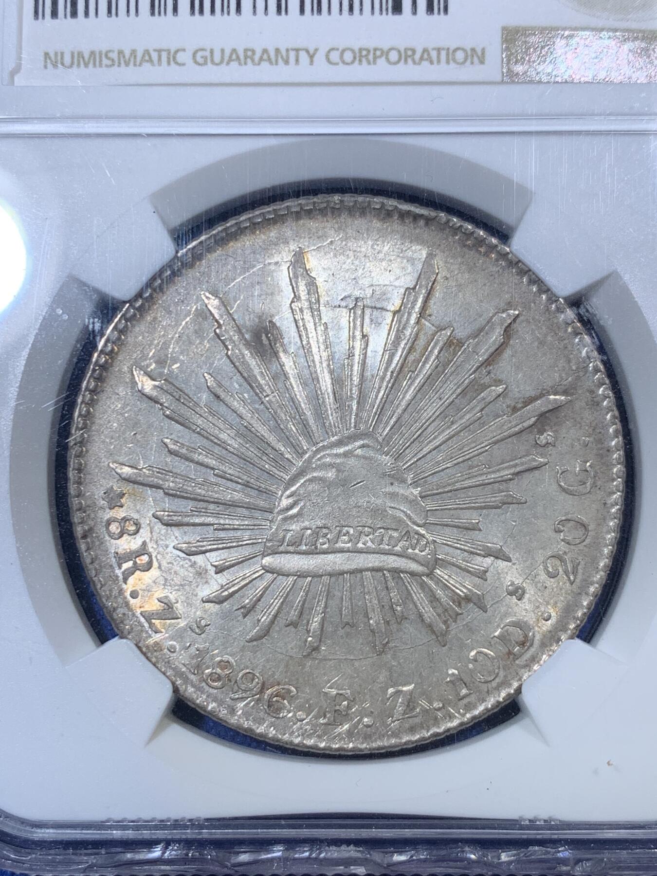 《竞宝斋》第292场- 周日，周一  2场连拍 （全场包邮） NGC MS63 墨西哥1896年ZS版花边鹰洋8瑞尔银币 盒子下沿有损