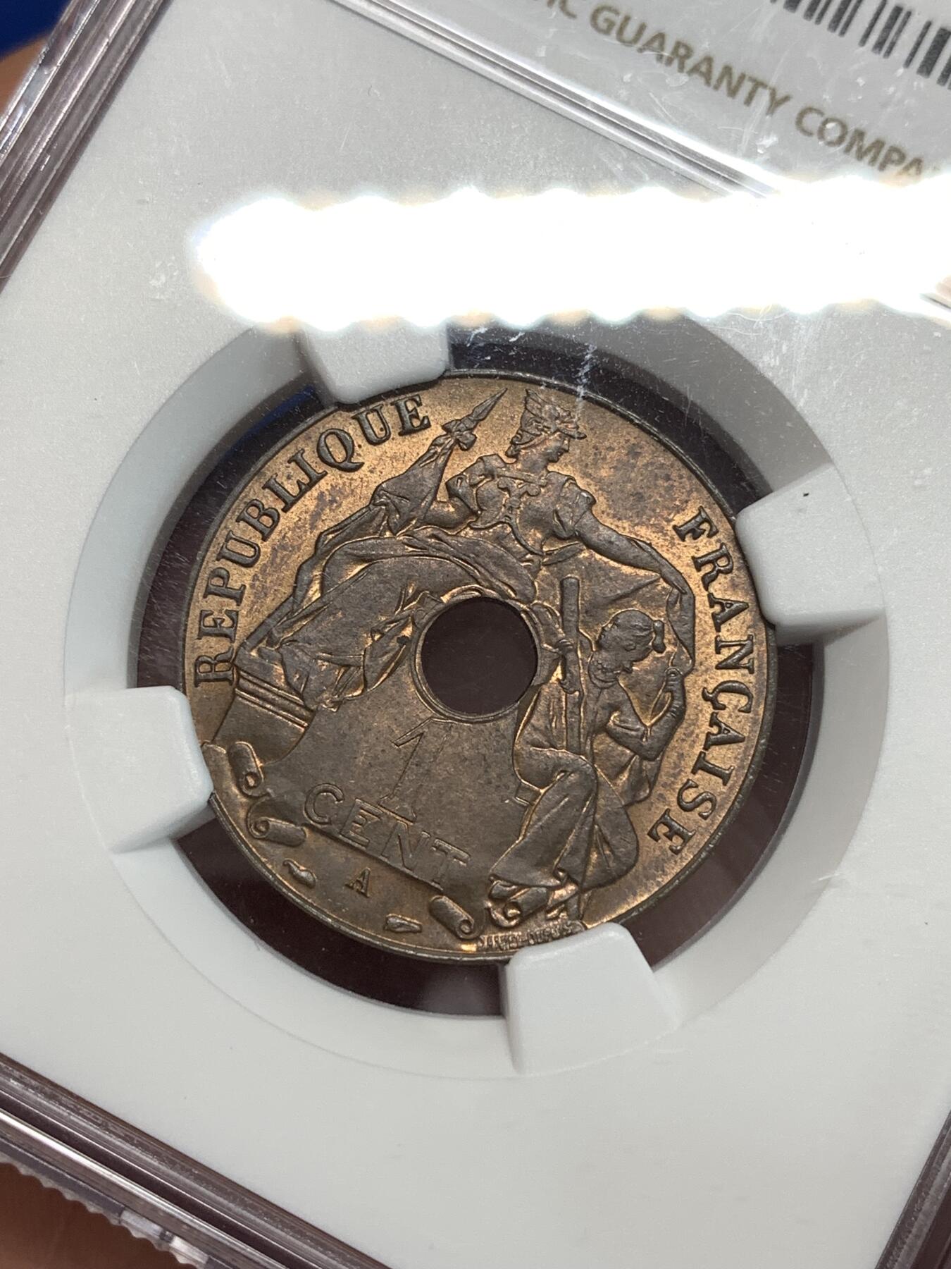 《竞宝斋》第292场- 周日，周一  2场连拍 （全场包邮） NGC MS63RB 1938A法属印支1分 百分之一铜币 底板很丝滑