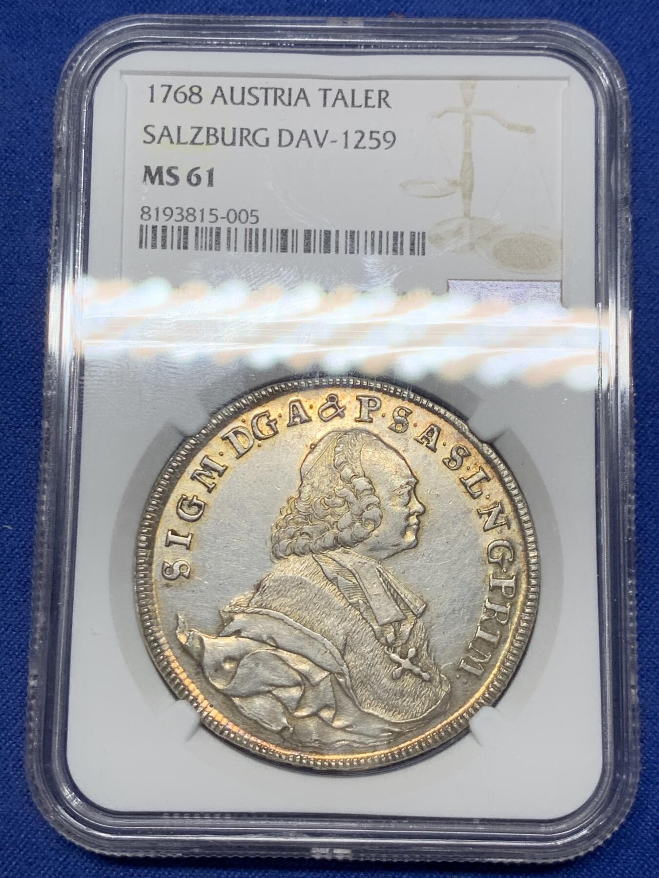《竞宝斋》第292场- 周日，周一  2场连拍 （全场包邮） NGC MS61 萨尔茨堡主教区 1768 施拉滕巴赫 泰勒大银币 唯一入盒冠军分 只发行两年 少见盐堡品种 不可错过