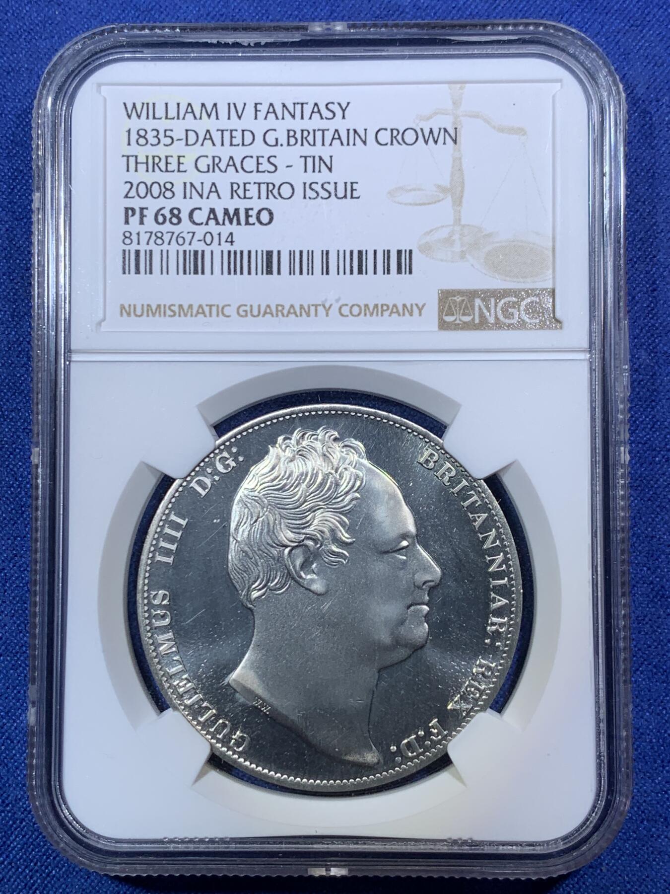 《竞宝斋》第292场- 周日，周一  2场连拍 （全场包邮） NGC PF68CAMEO 英国威廉四世幻想克朗 最高分 背面经典的美惠三女神